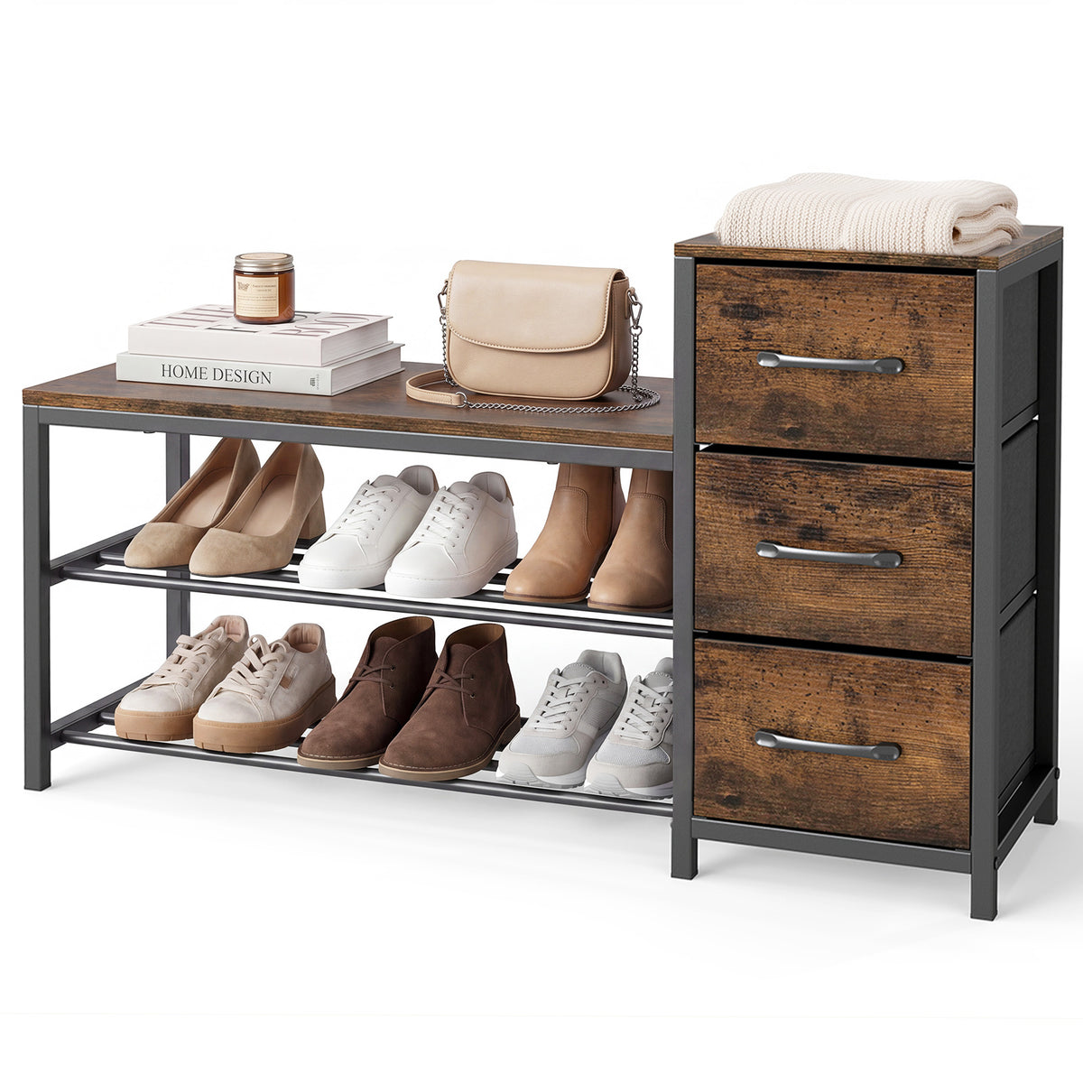 Industrial Shoe Bench with 3 Removable Drawers and Anti-Toppling Kits for Entryway-Rustic Brown