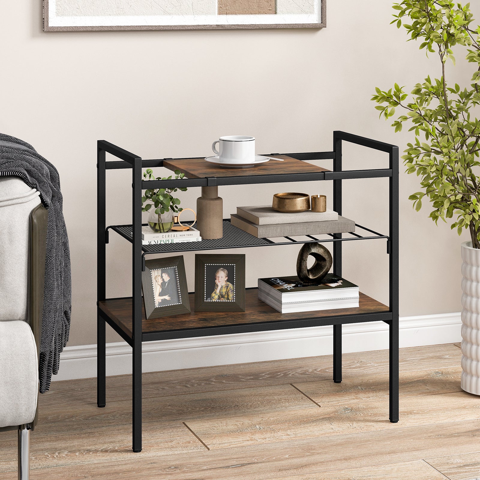 Sofa Side Table with Removable Panel and Mesh Shelf-Rustic Brown