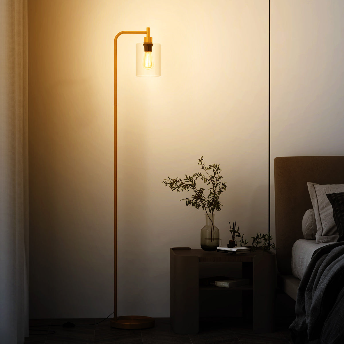 Industrial Floor Lamp with Hanging Glass Lampshade and Foot Switch-Golden