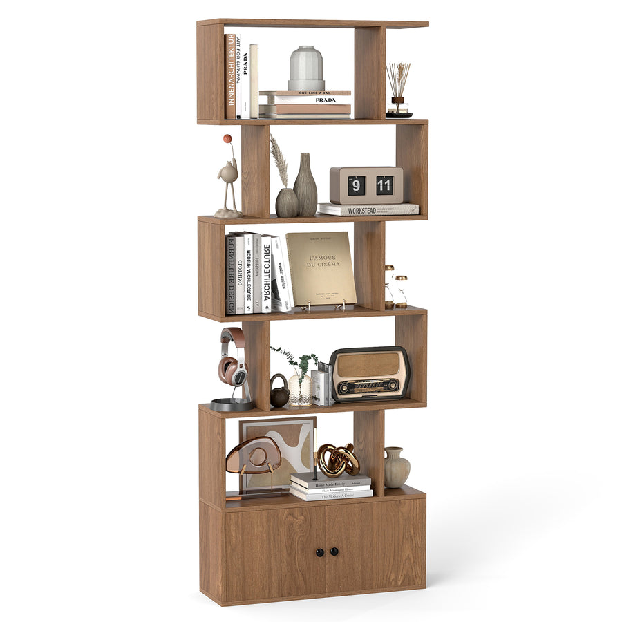 Industrial S-Shaped 5-tier Bookcase with Cabinet-Natural