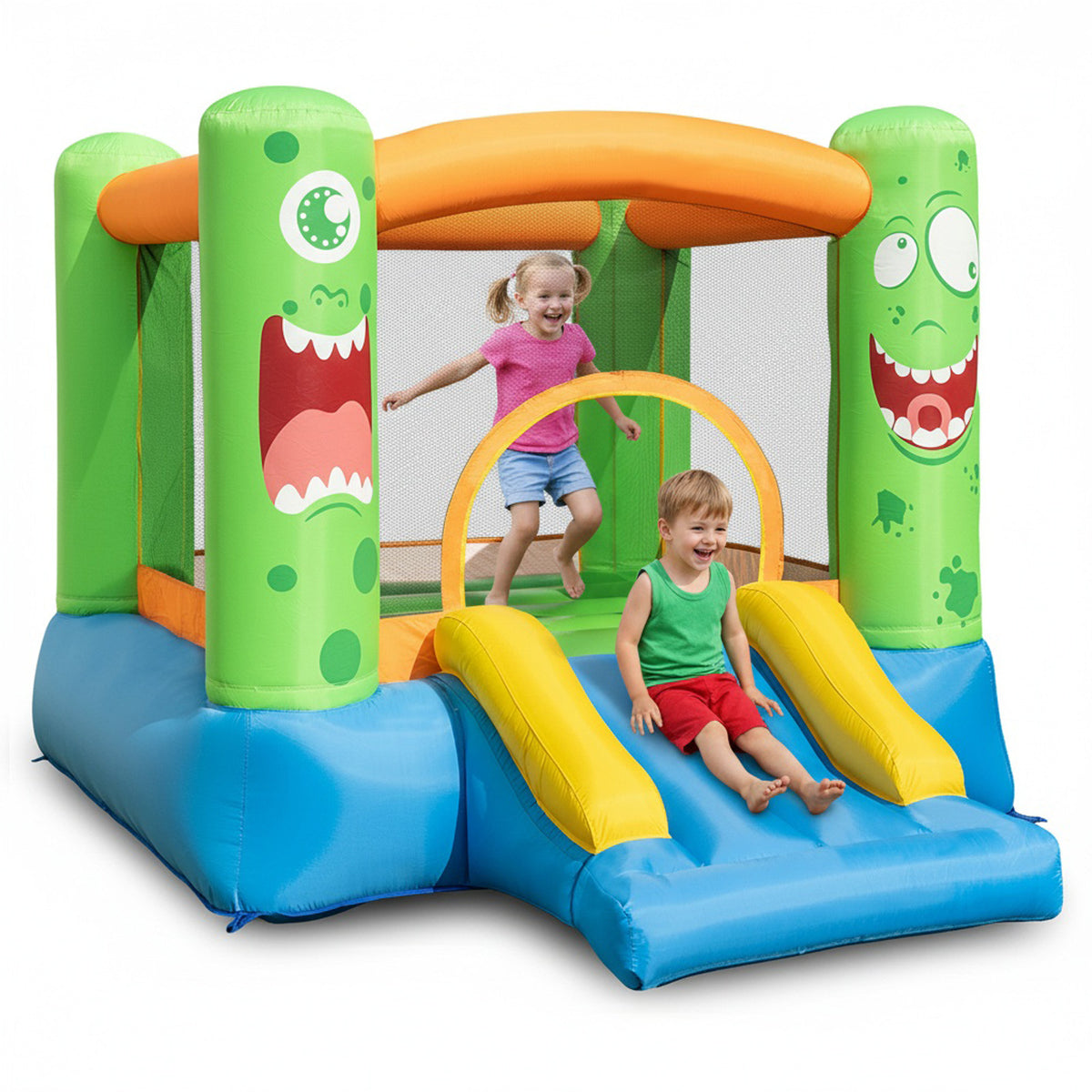 Inflatable Bounce House 2-in-1 Monster Themed Kids Bouncer with Slide (without Blower)