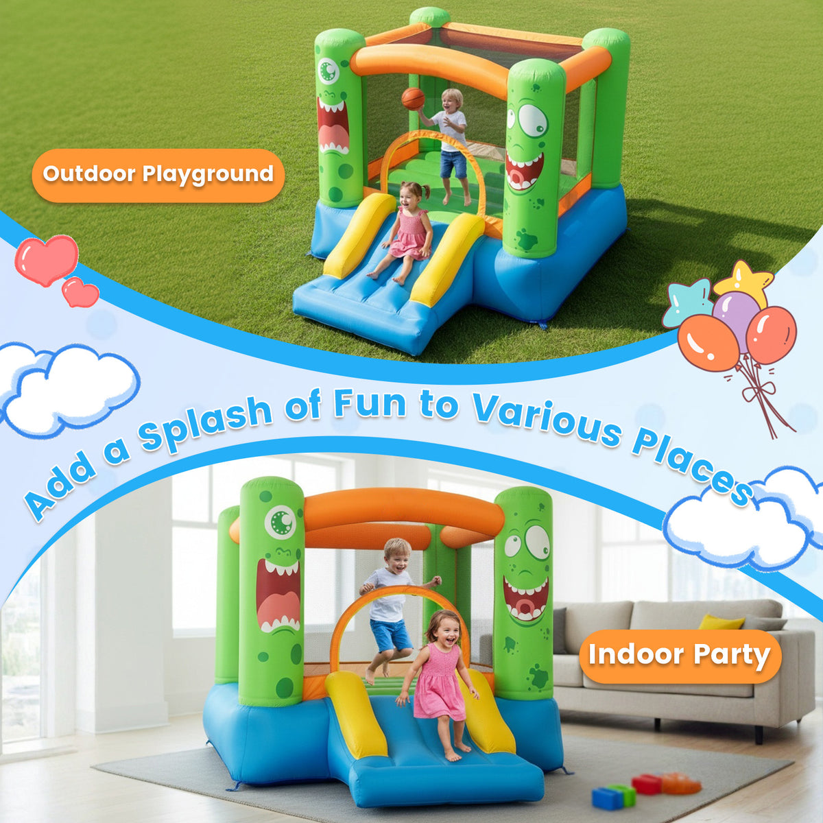 Inflatable Bounce House 2-in-1 Monster Themed Kids Bouncer with Slide (without Blower)
