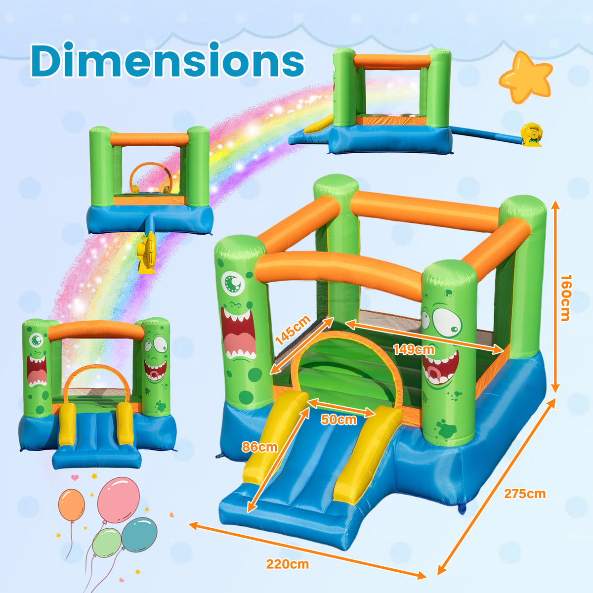 Inflatable Bounce House 2-in-1 Monster Themed Kids Bouncer with Slide (without Blower)
