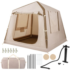 Inflatable Camping Tent for 2-4 Person with Pump and Carry Bag Easy Setup-Khaki