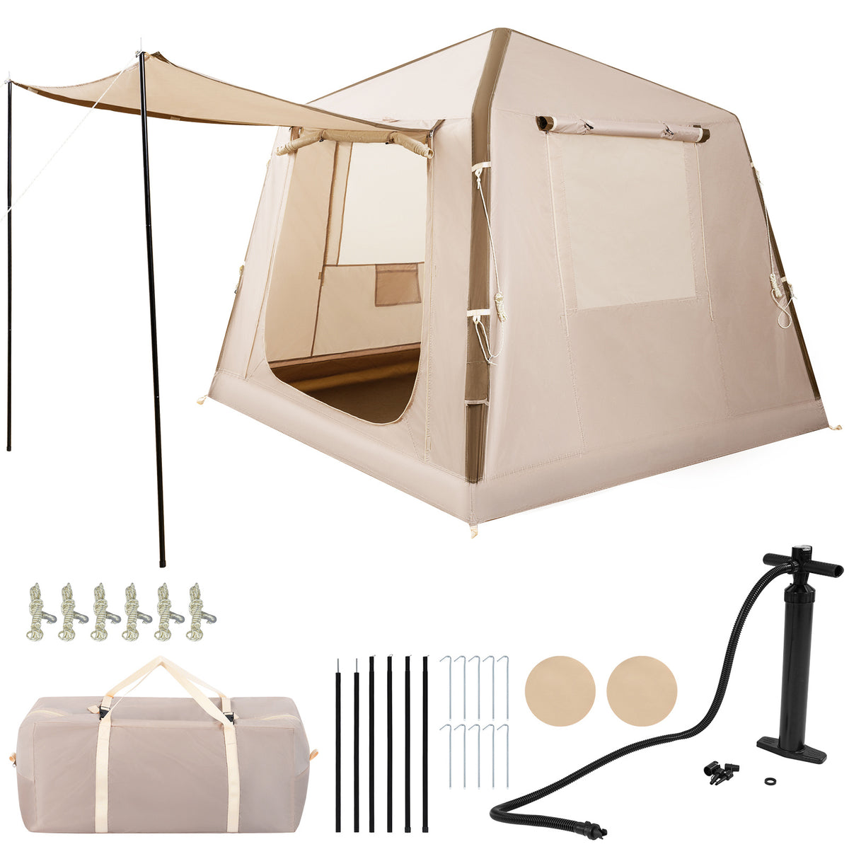 Inflatable Camping Tent for 2-4 Person with Pump and Carry Bag Easy Setup-Khaki