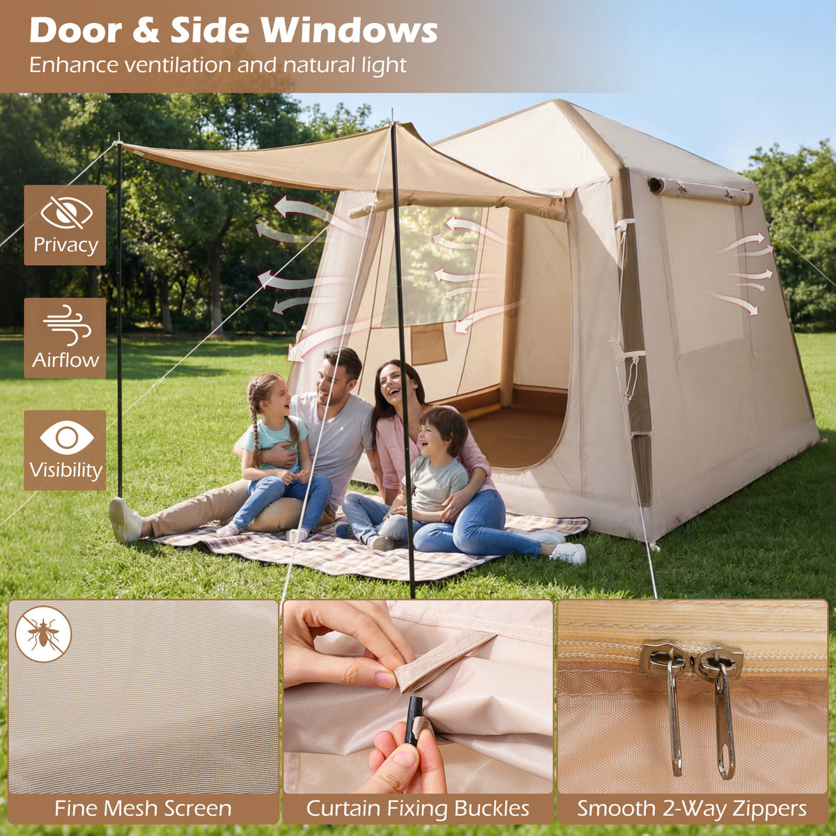 Inflatable Camping Tent for 2-4 Person with Pump and Carry Bag Easy Setup-Khaki