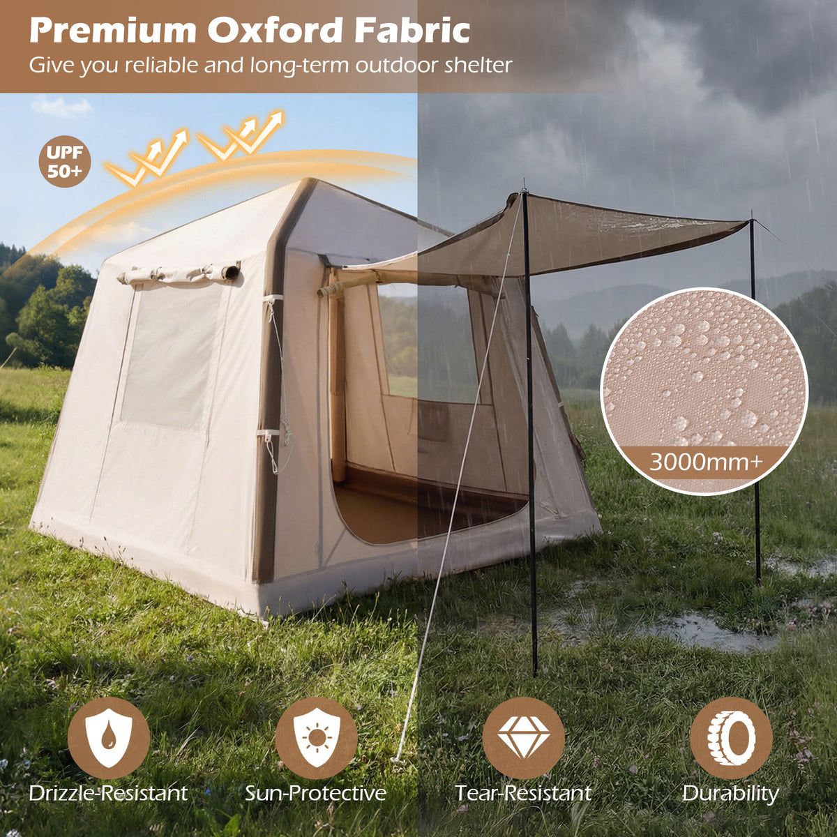 Inflatable Camping Tent for 2-4 Person with Pump and Carry Bag Easy Setup-Khaki