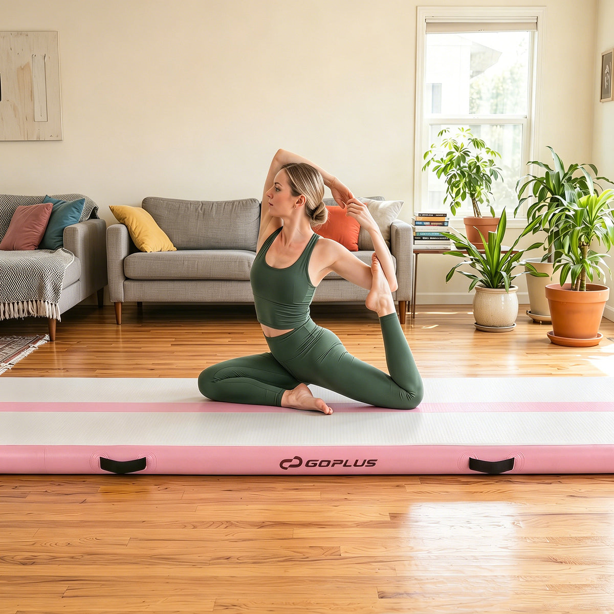 Inflatable Gymnastic Mat Portable Tumbling Mat with Electric Air Pump-Pink