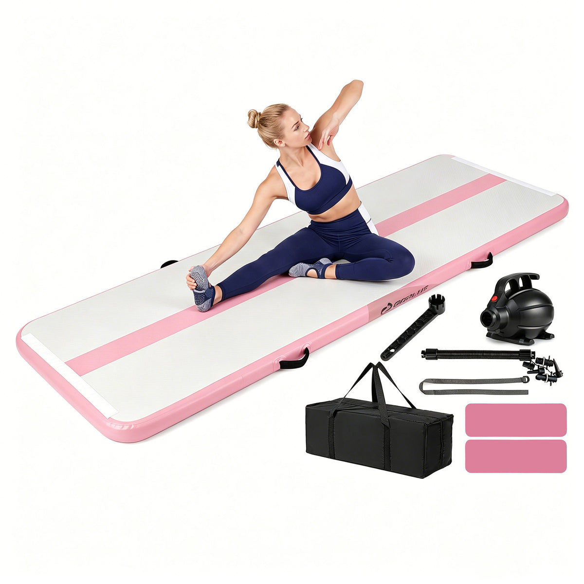 Inflatable Gymnastic Mat Portable Tumbling Mat with Electric Air Pump-Pink