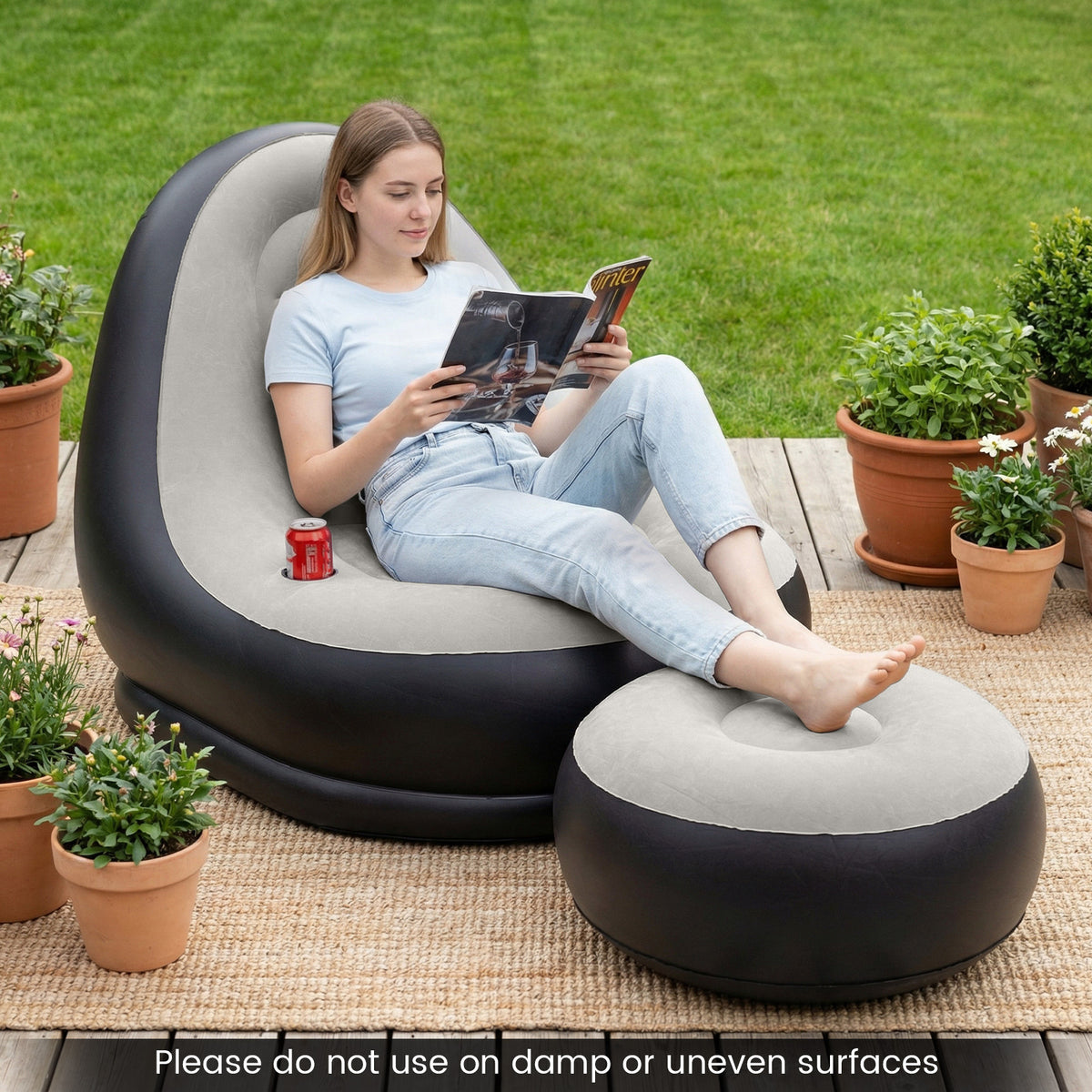 Inflatable Lounge Sofa with Ottoman and Flocked Surface-Grey