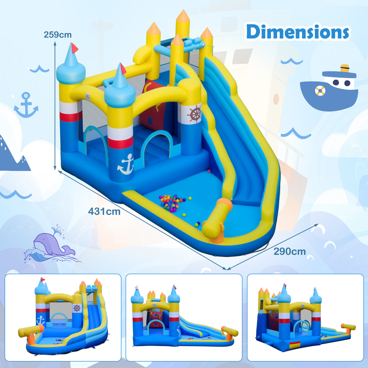 Inflatable Water Slide Kids Water Park with Splash Pool Water Cannon (Without Blower)