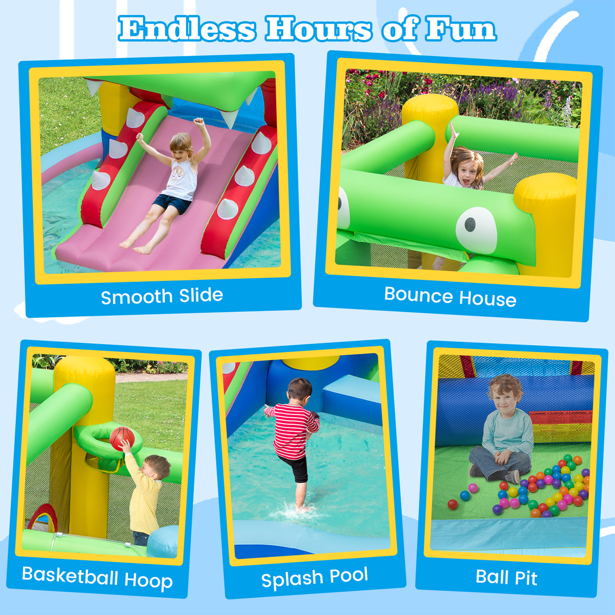 5-in-1 Inflatable Bounce House Crocodile Water Park with Splash Pool with 680W Blower