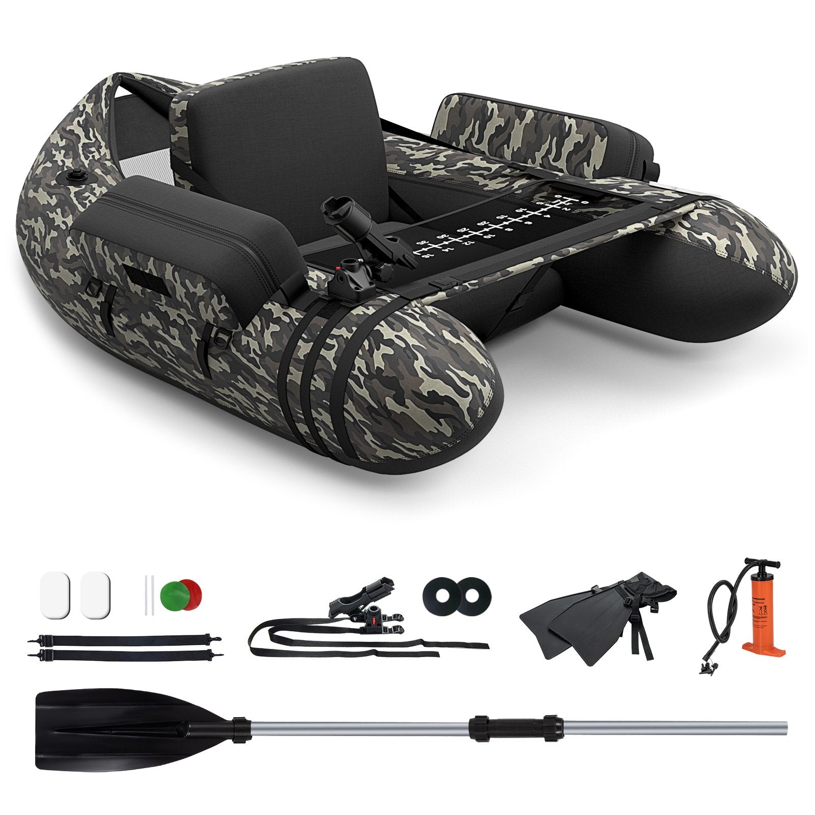 Inflatable Fishing Float Tube with Pump, Paddle, Storage Pockets-Camouflage