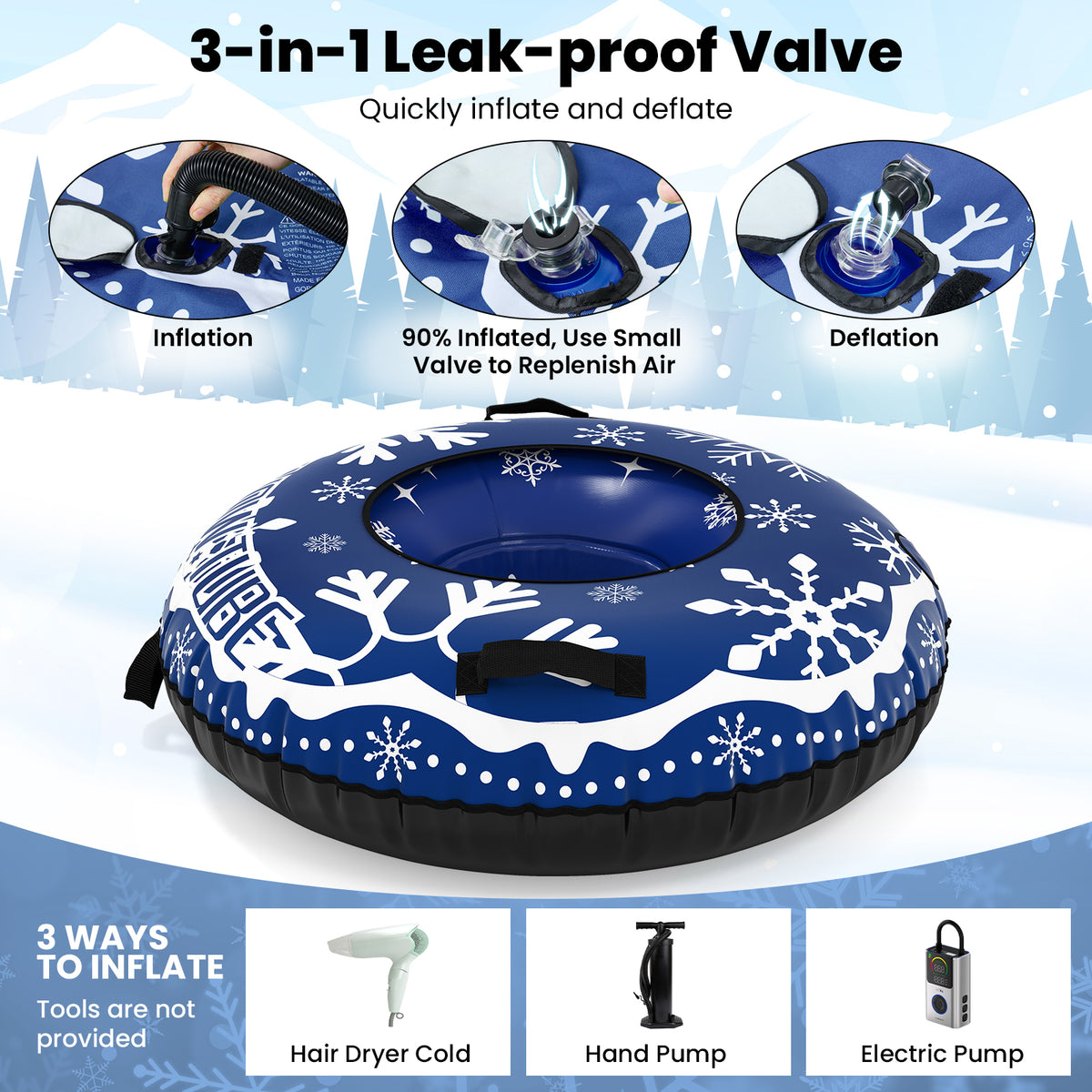 Inflatable Snow Tube Heavy-duty Snow Sledding Tube with Detachable Tow Strap-Blue