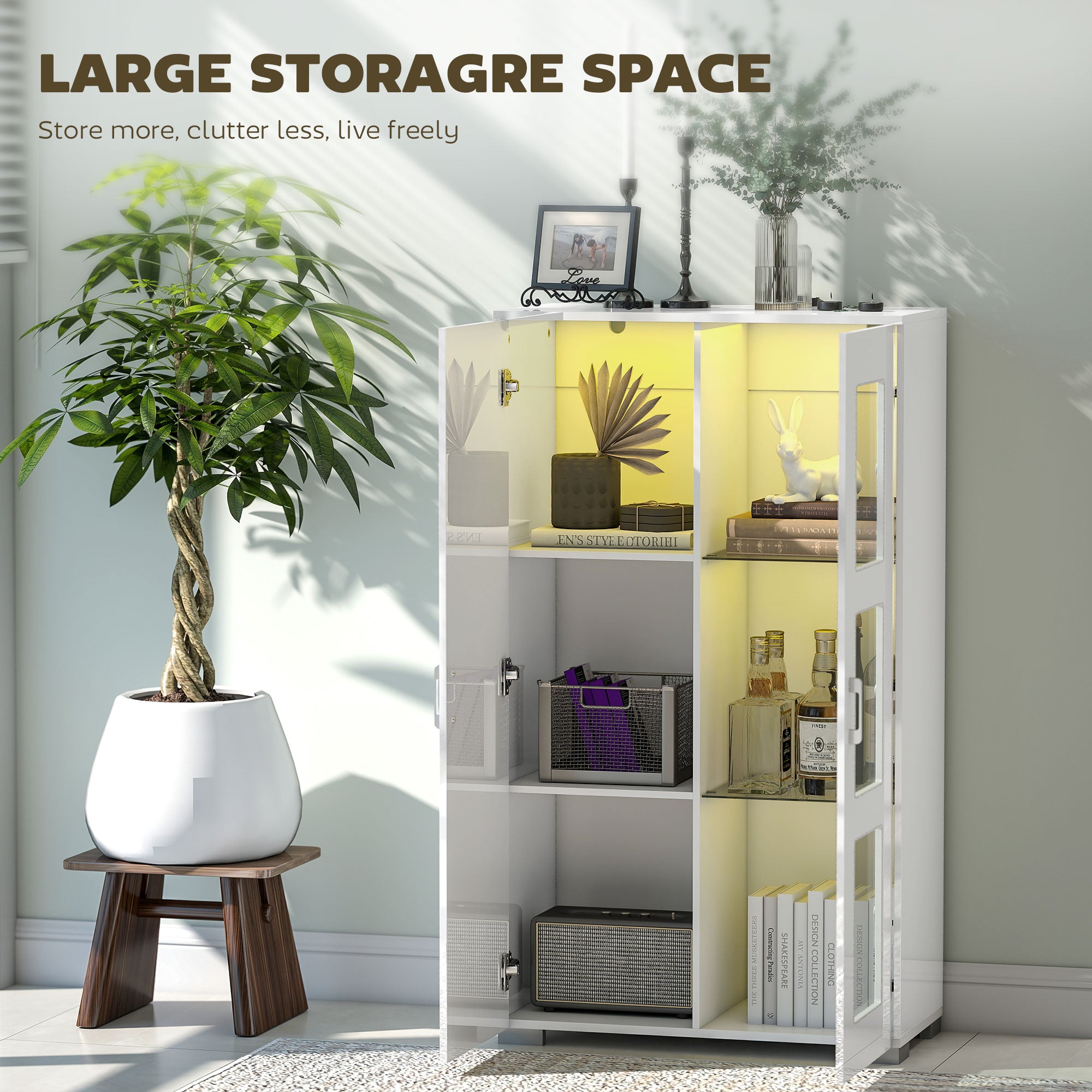 HOMCOM High Gloss Sideboard, Display Cabinet with 16-Colour RGB LED Lights and Remote Control, Modern Storage Cupboard with Glass Doors and Shelves for Living Room, Dining Room, Kitchen, White