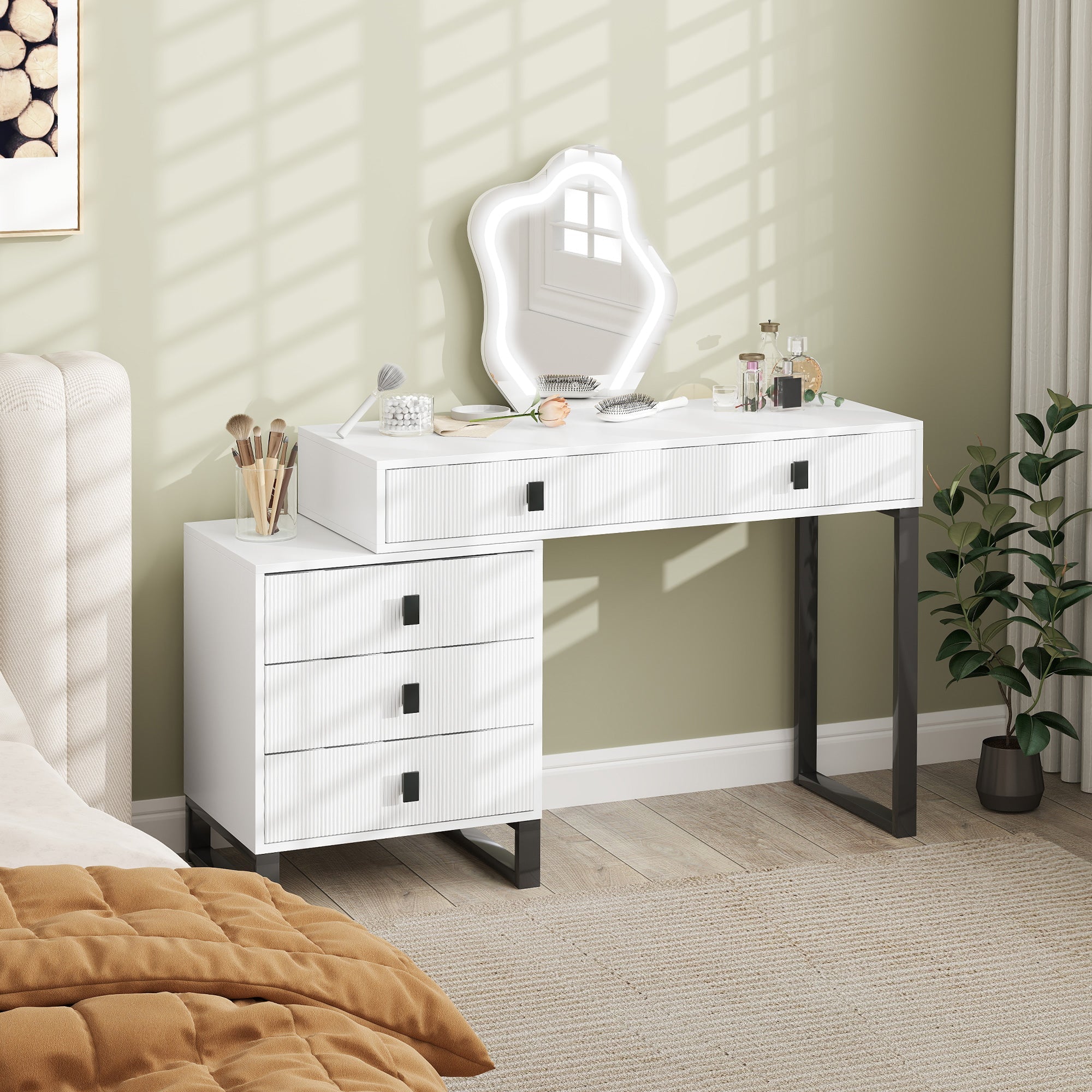 HOMCOM LED Lighted Dressing Table with Leaf Shape Mirror, Modern Vanity Desk with 5 Drawers, Makeup Desk with Fluted Panels, White