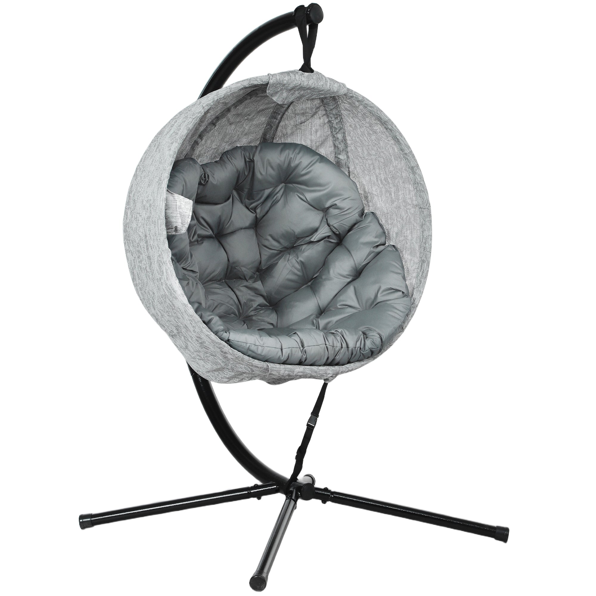 Outsunny Hanging Egg Chair Outdoor Indoor Garden Swing Chair with Folding Basket, Thickened Cushion, Cup Holder for Patio, Balcony, Grey