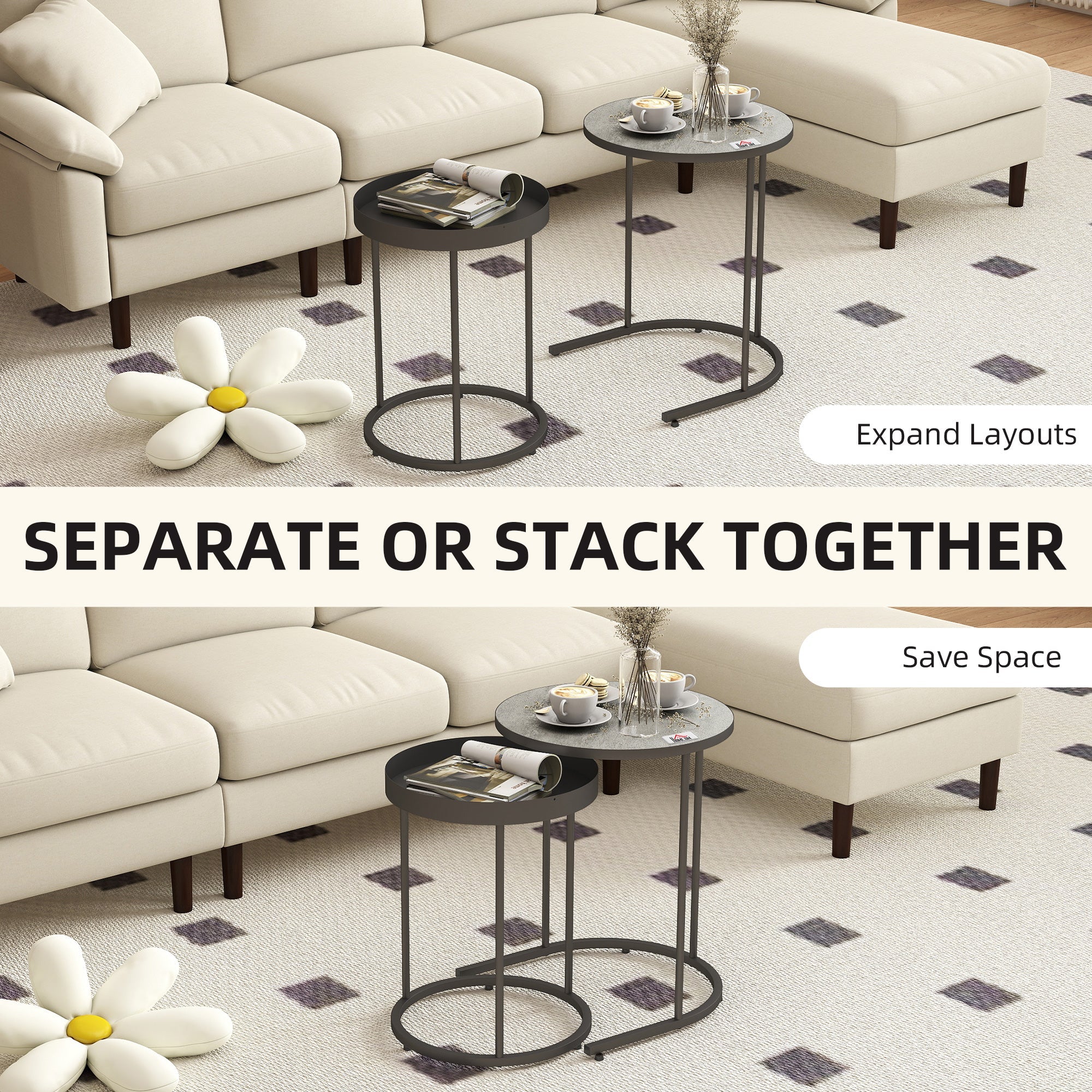 HOMCOM Set of Two Industrial Nesting Tables - Grey