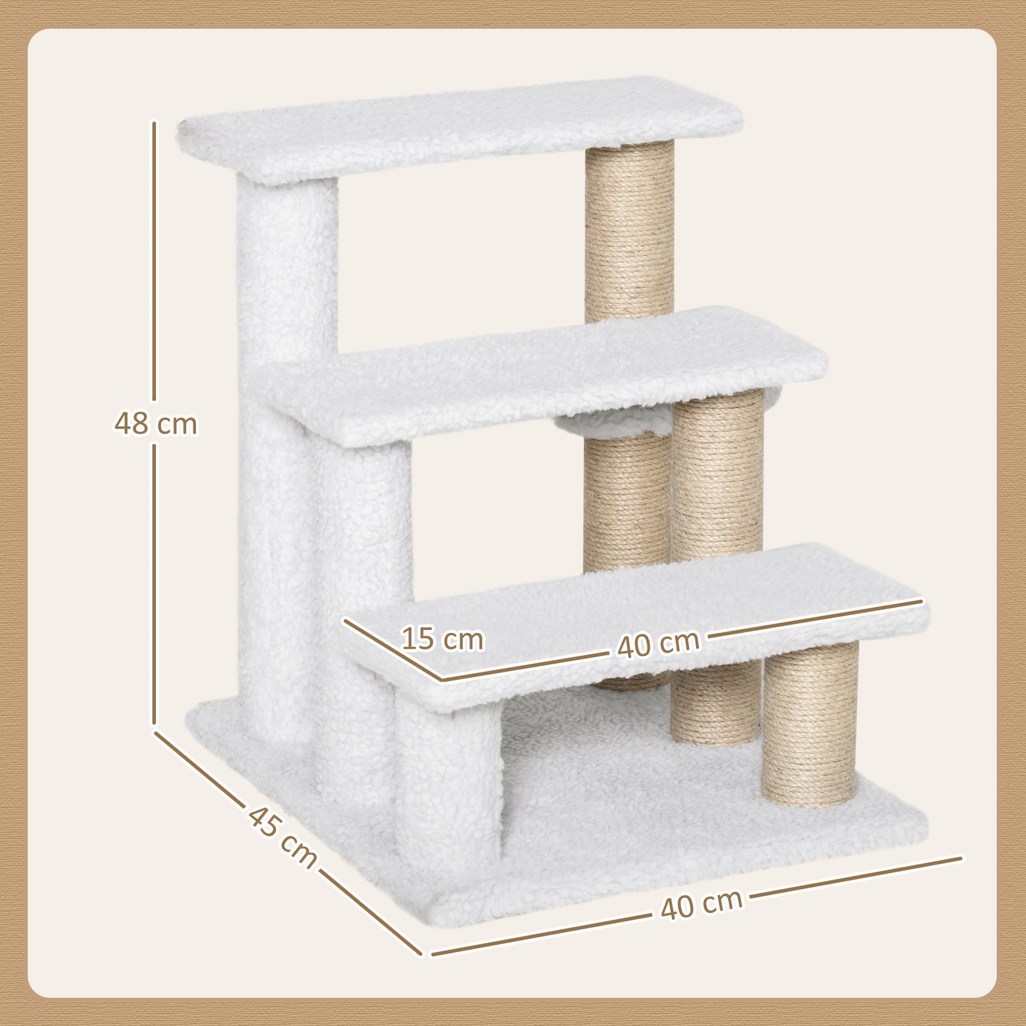 PawHut Pet Stair with 3-step Climb Ladder, Scratching Posts, Platforms, Toy Ball, for Indoor Elderly Cats Kittens, White