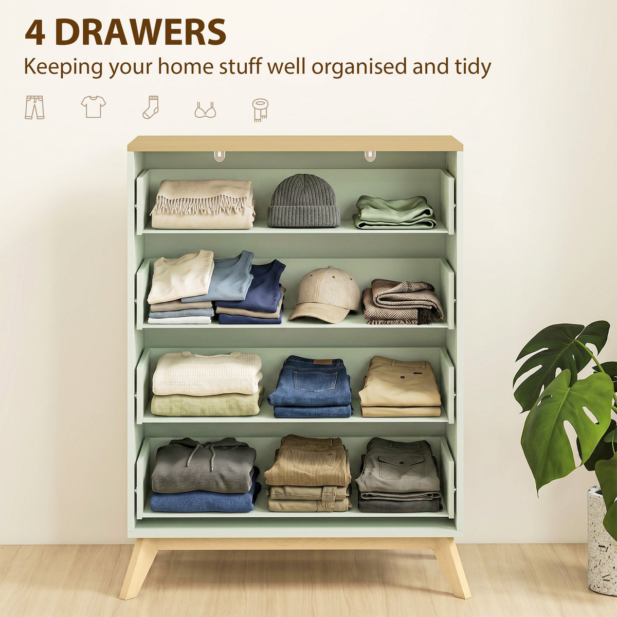 HOMCOM 4 Drawer Storage Cabinet, Chest of Drawers for Bedroom Living Room, Light Green and Oak