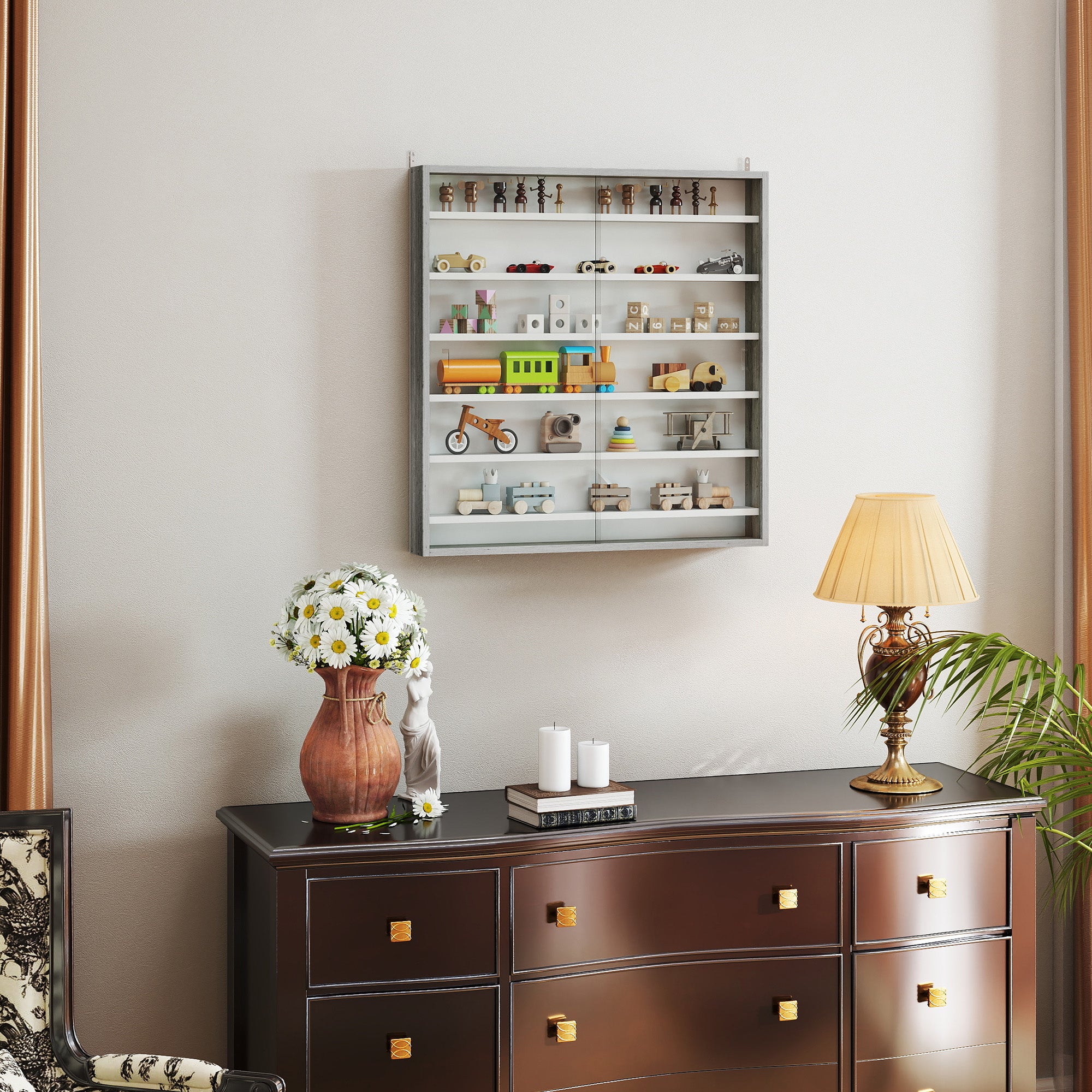 HOMCOM Six Shelf Display Cabinet, with Glass Doors - Graphite Wood Effect