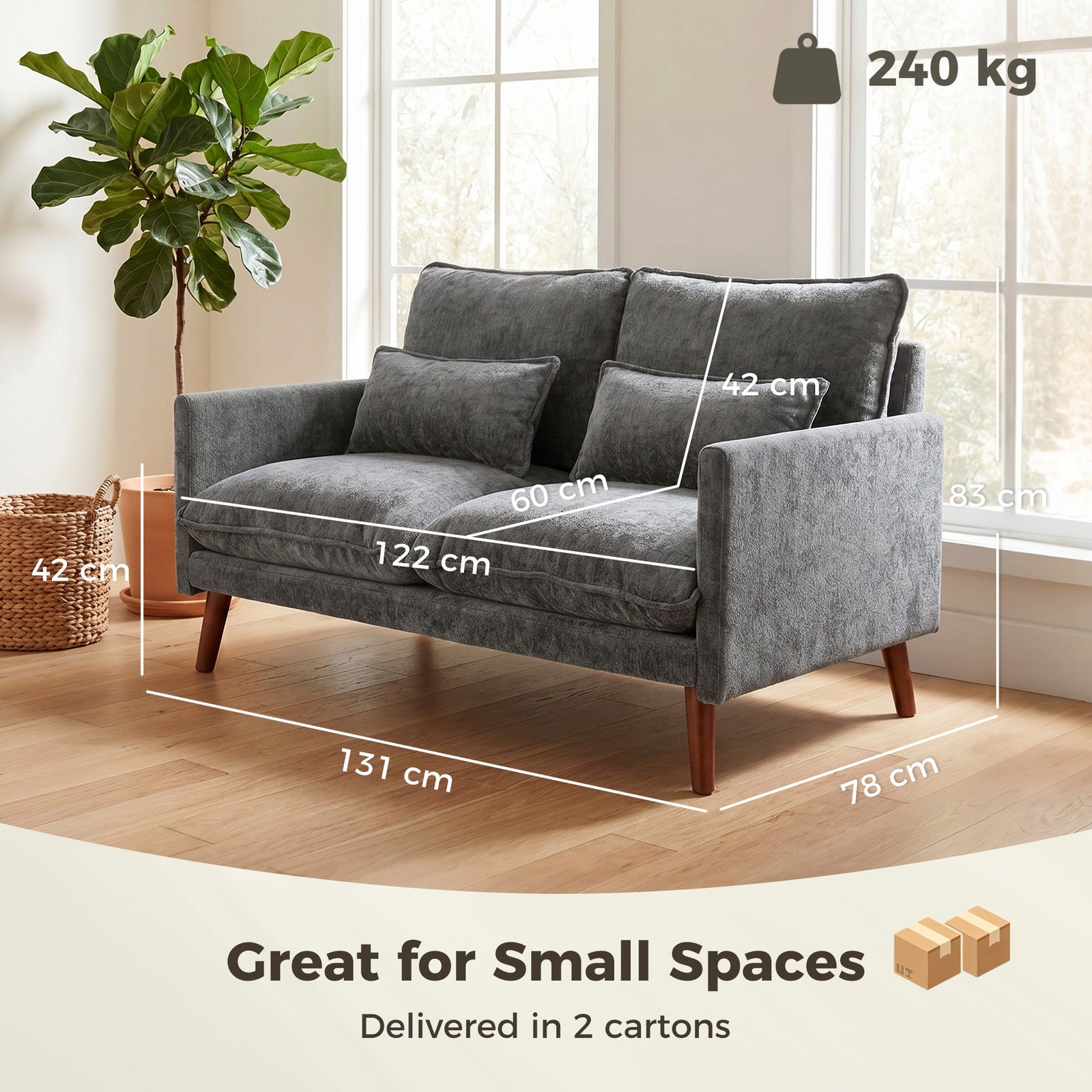 HOMCOM 2 Seater Sofa, Loveseat Sofa with Spring Cushions, Wide and Deep Seat, Wood Legs, Grey