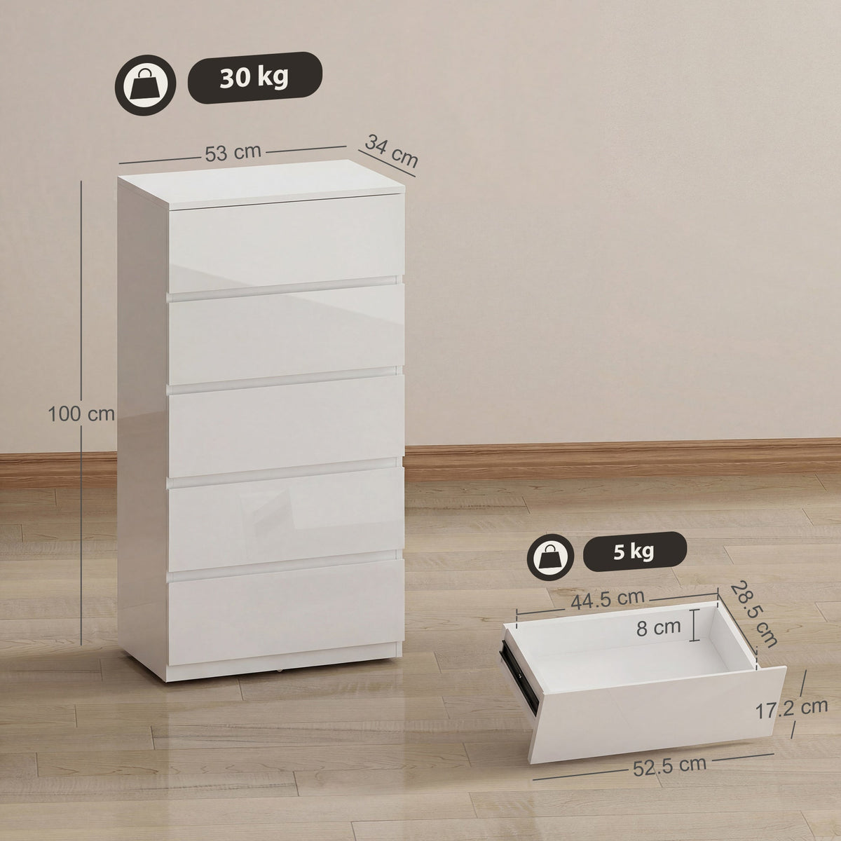 HOMCOM Chest of Drawers, 5-Drawer Storage Cabinets, Modern Dresser, Storage Drawer Unit for Bedroom