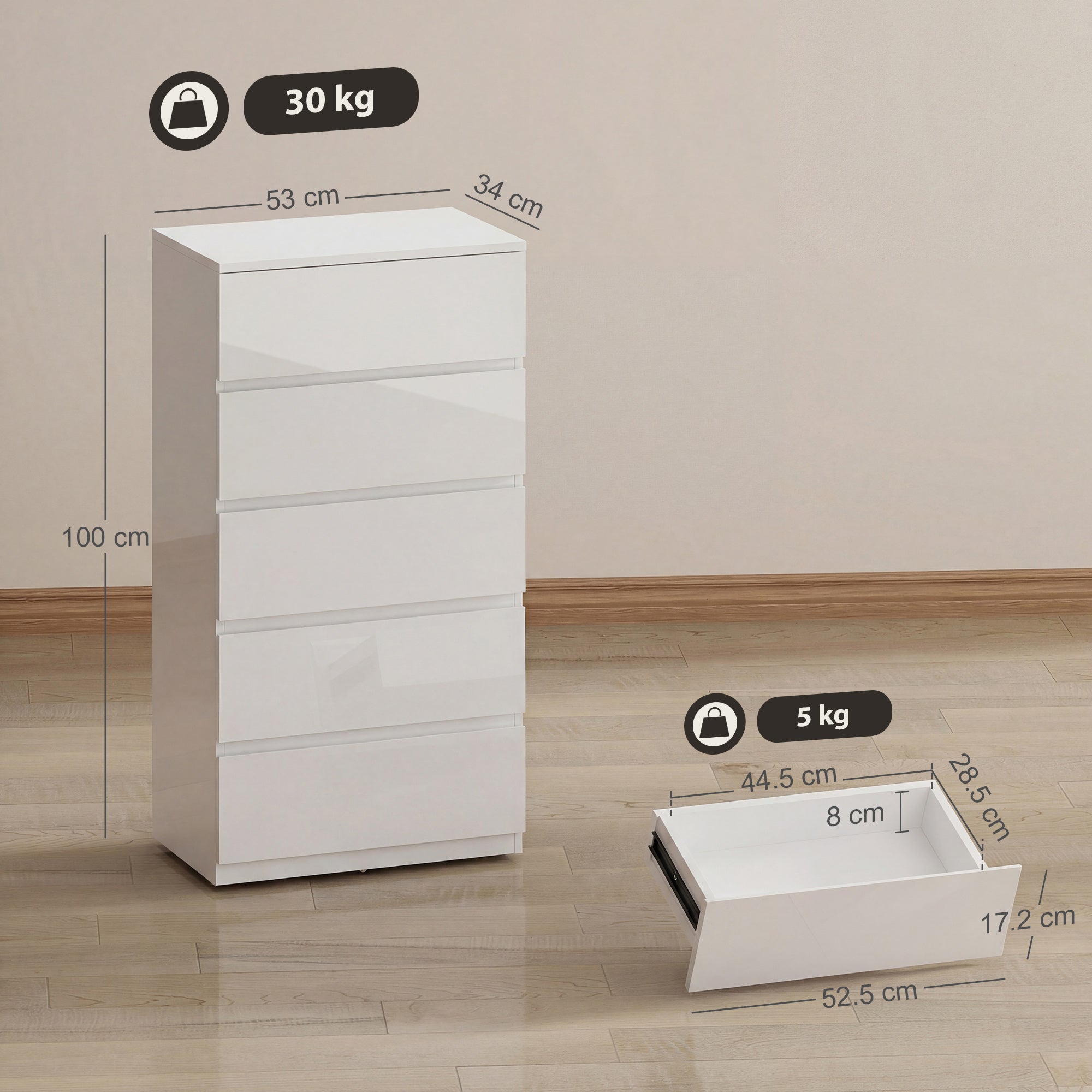 HOMCOM Chest of Drawers, 5-Drawer Storage Cabinets, Modern Dresser, Storage Drawer Unit for Bedroom