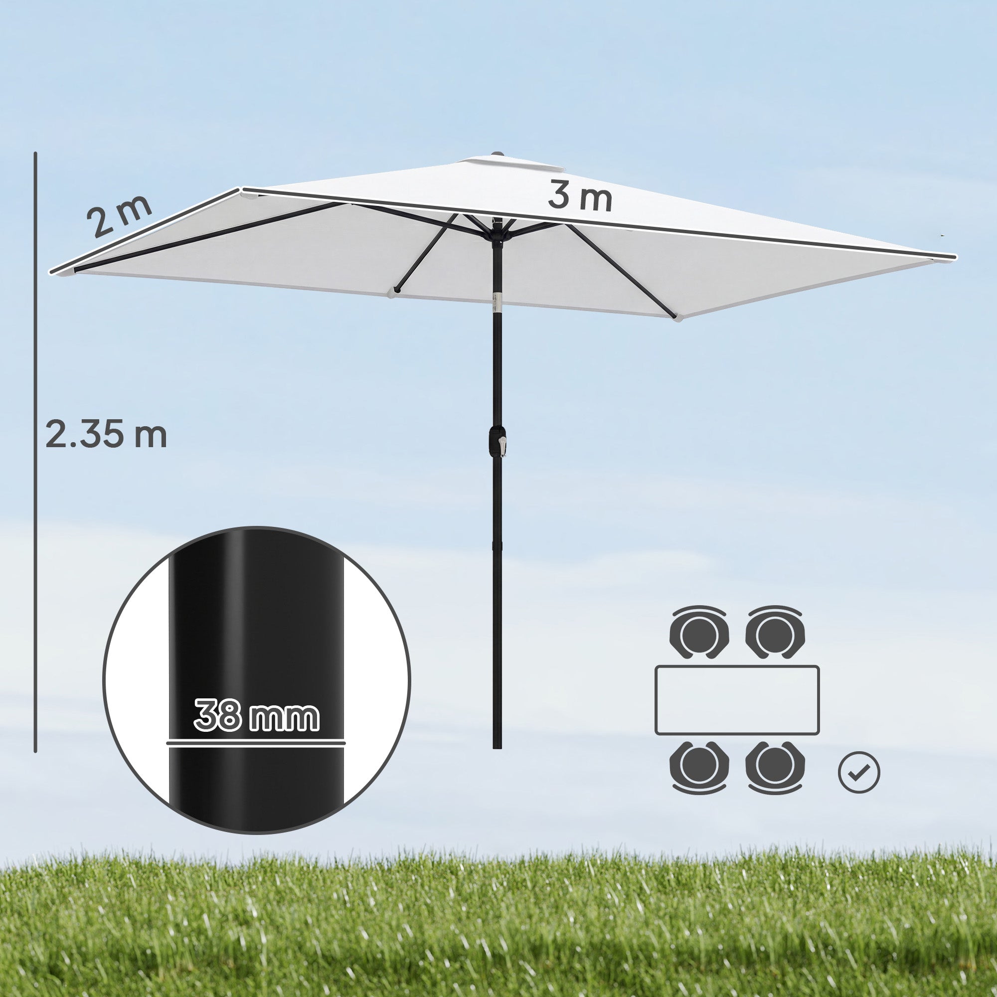 Outsunny Garden Parasol, Parasol Umbrella with Crank Handle, Tilt Function, Polyester Canopy, Cream White