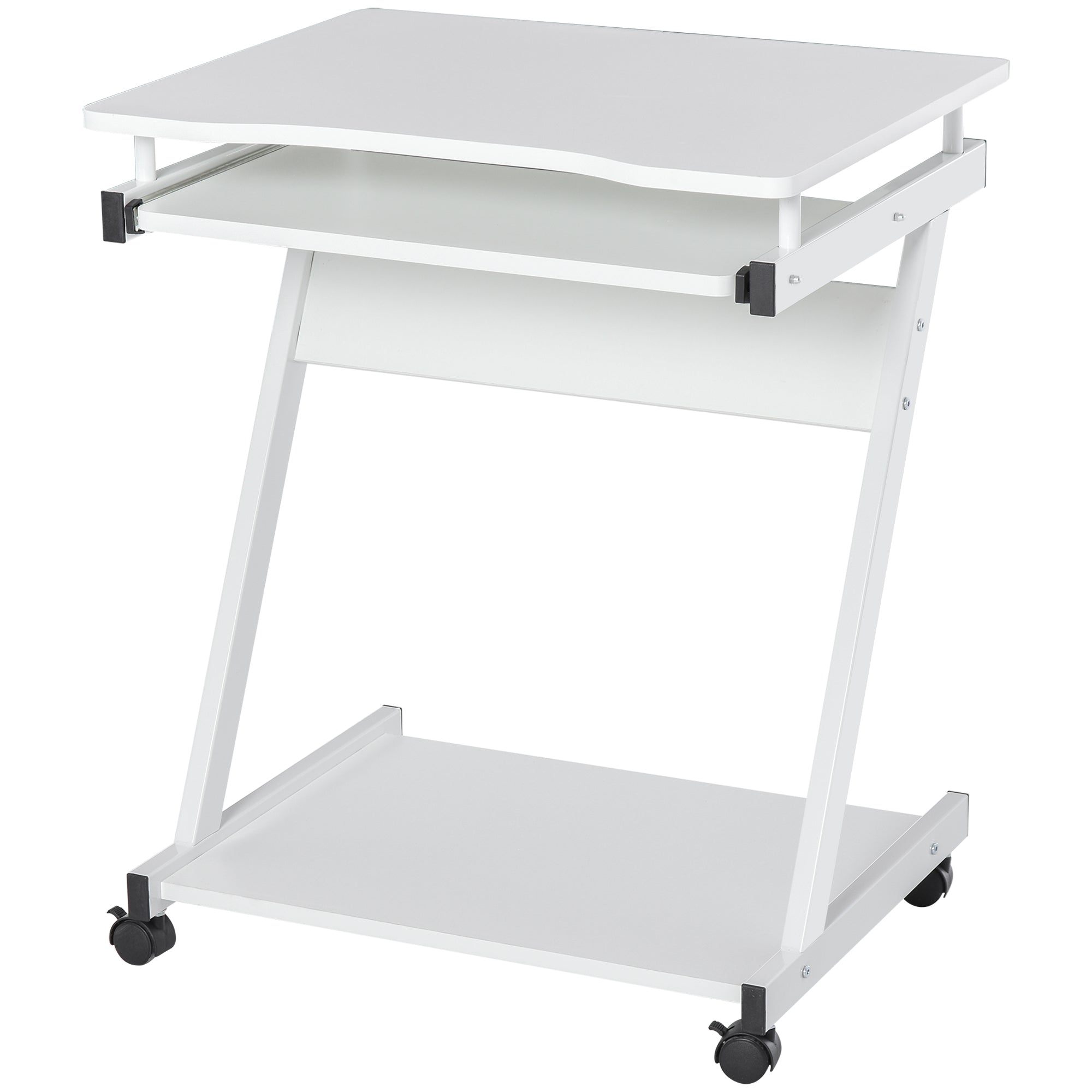 HOMCOM Mobile Computer Desk, Z-Shaped Writing Desk, PC Table for Small Spaces, Workstation with 4 Wheels & Sliding Keyboard for Home Office, Easy Assembly, White