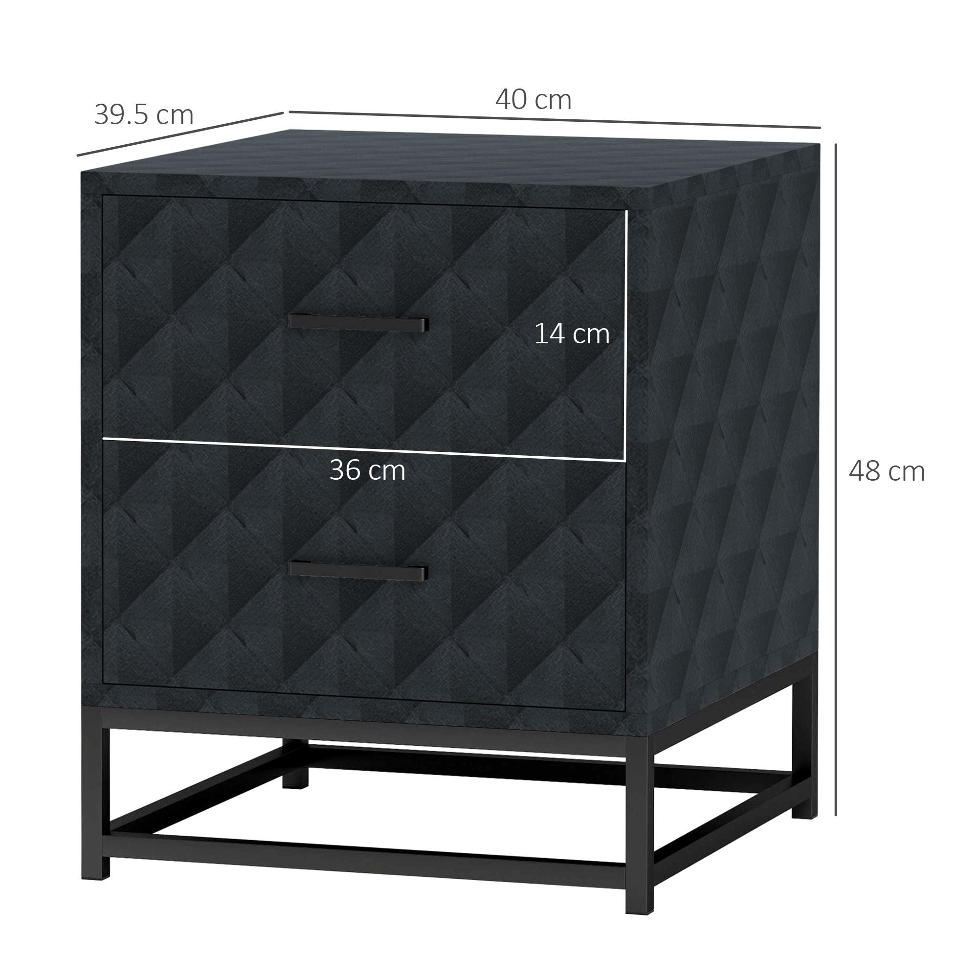 HOMCOM Bedside Tables Set of 2, Modern Bedside Table Nightstand with 2 Drawers, Bedside Cabinet Sofa Side Table with Storage, Steel Legs for Bedroom, Living Room, Black