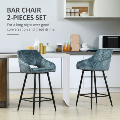 Bar Stools Set of 2, Velvet-Touch Fabric Counter Height Bar Chairs, Kitchen Stools with Steel Legs for Dining Area, Kitchen Island Barstools, Blue