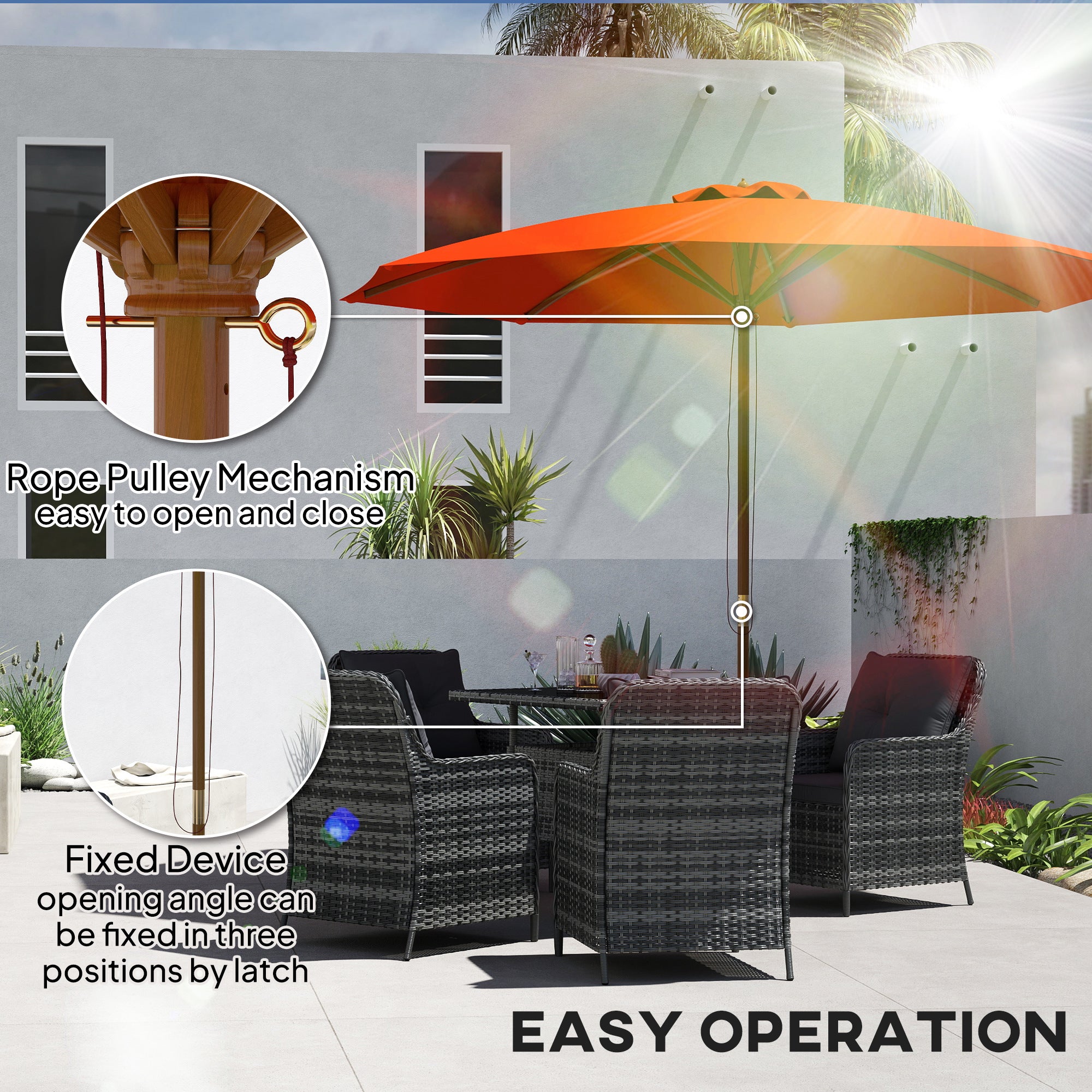 Outsunny 3m Wood Pole Parasol Umbrella - Orange