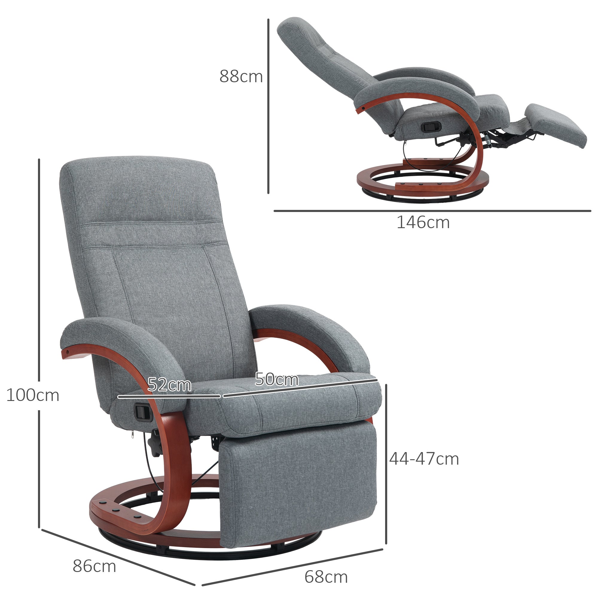 HOMCOM 135  Manual Reclining Swivel Chair, with Footrest - Grey