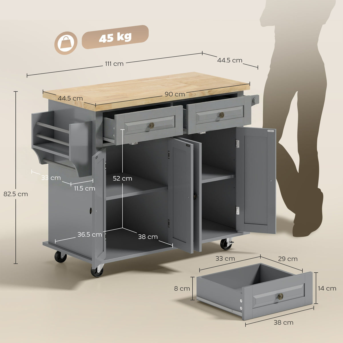 HOMCOM Rolling Kitchen Island Storage Trolley with Rubber Wood Top & Drawers for Dining Room, Grey