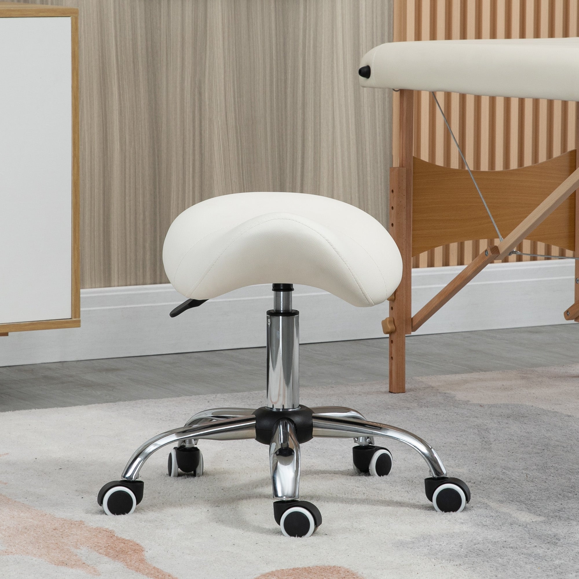 HOMCOM Cosmetic Stool 360√Ç¬∞ Rotate Height Adjustable Salon Massage Spa Chair Hydraulic Rolling Faux Leather Saddle Stool, Cream