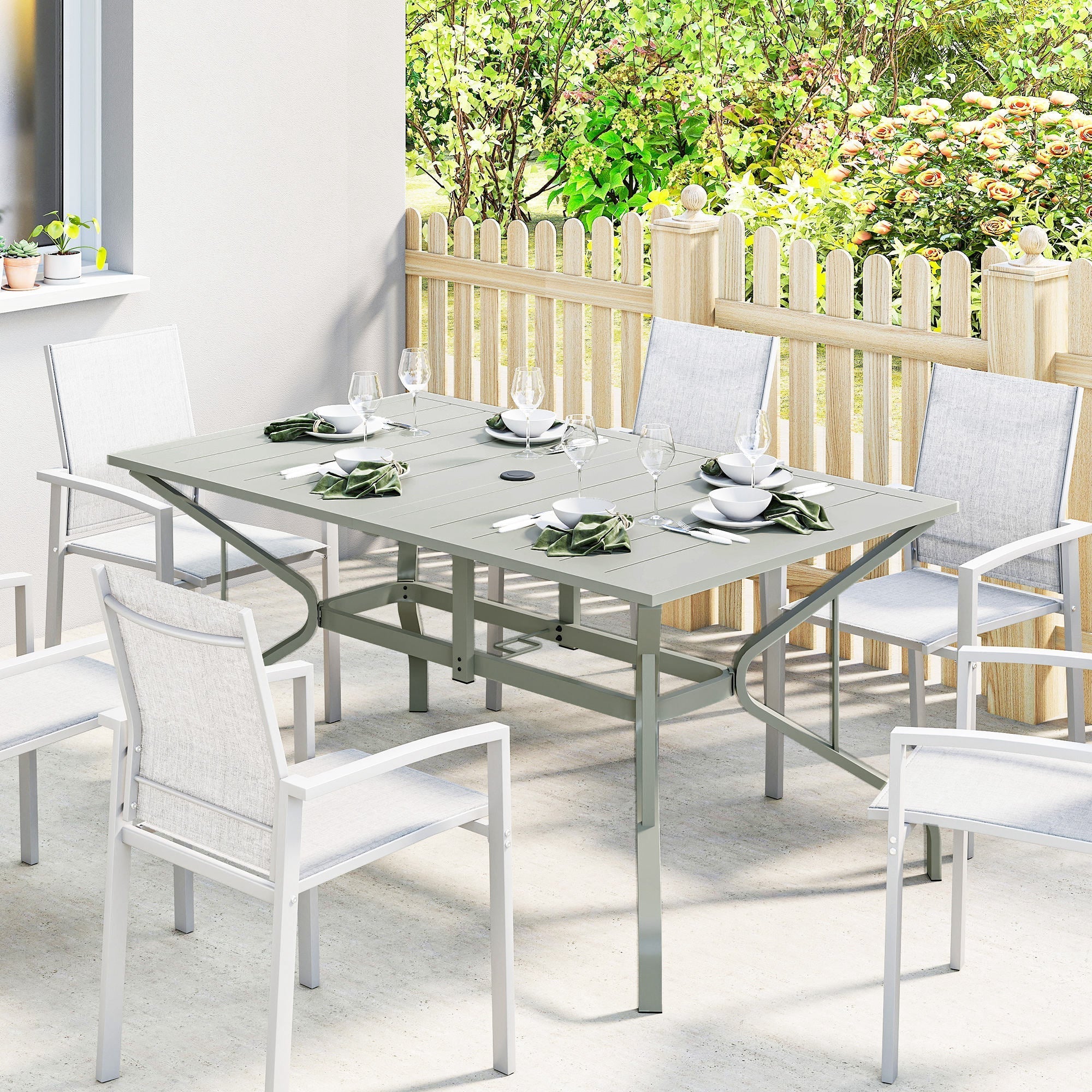 Outsunny Rectangle Garden Table with Parasol Hole, Outdoor Dining Table for 6, Patio Table for Balcony, 150cm x 90cm, Light Grey