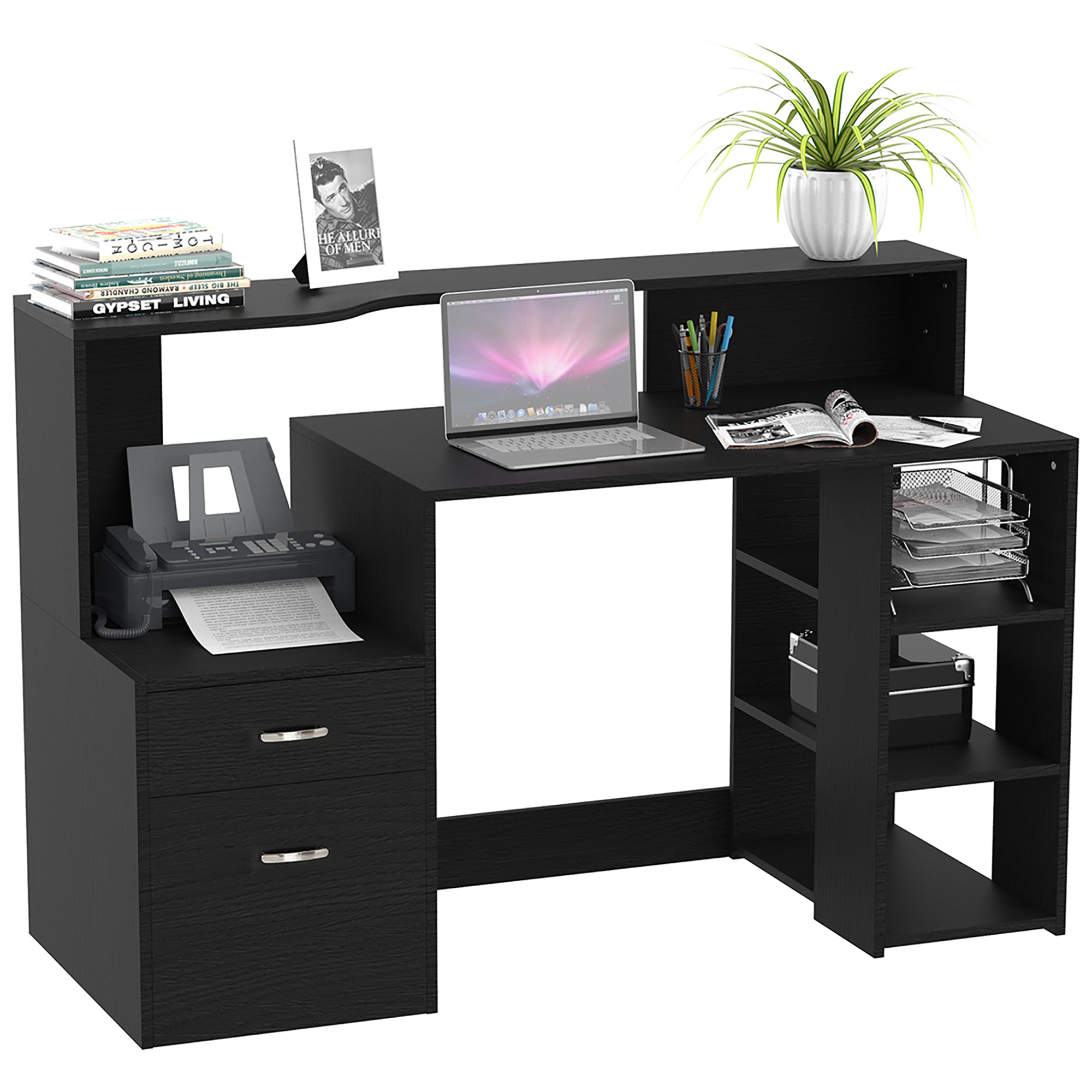 HOMCOM Computer Desk with Drawers and Storage Shelves, Office Desk Writing Table with Printer Stand, Large Workstation for Study Play Work Home Office, 137 x 55 x 92cm, Black