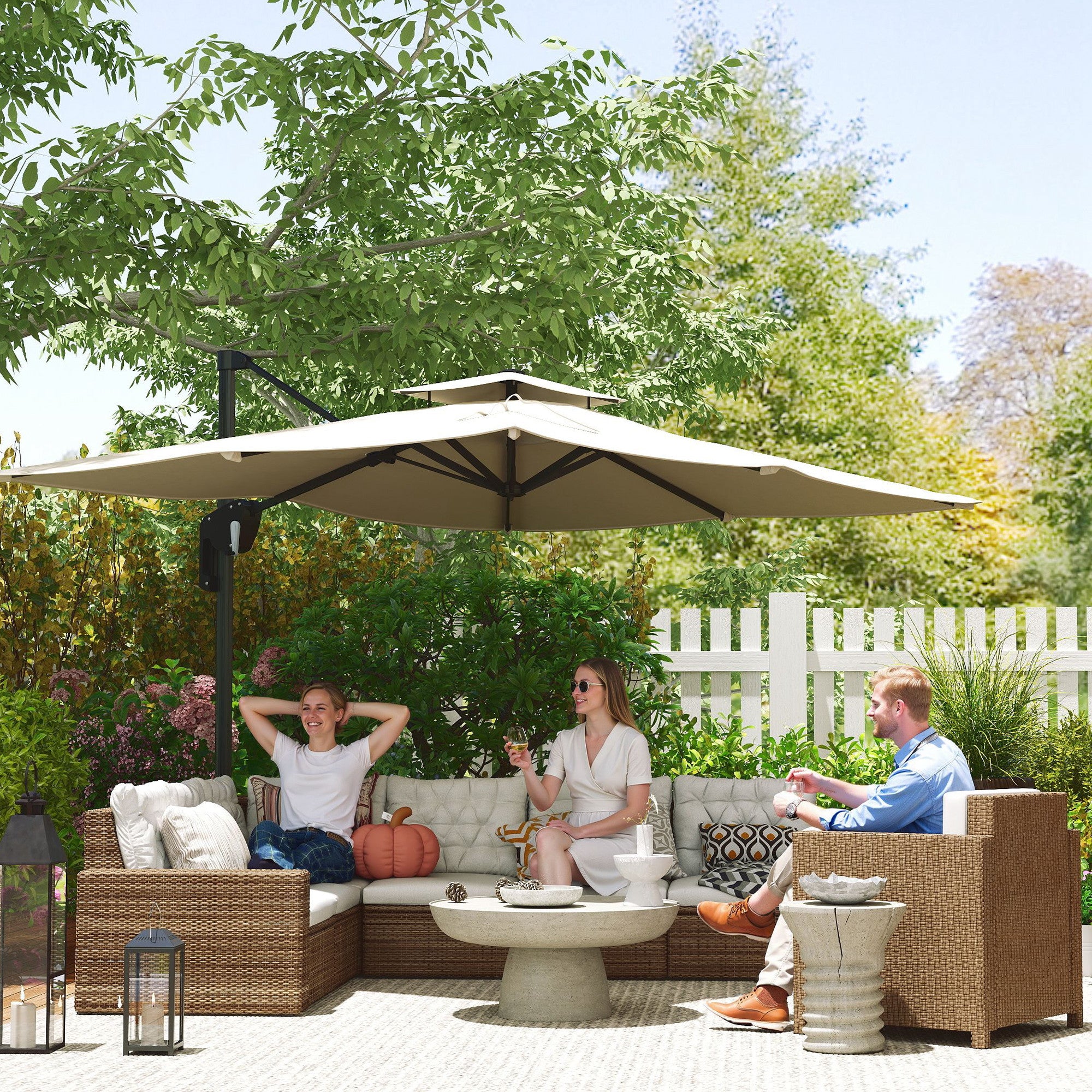 Outsunny 3.7 x 2.7 m Cantilever Parasol w/ 360√Ç¬∞ Rotation and Easy Tilt Adjustment, Aluminium Hanging Offset Outdoor Umbrella w/ Double Top, Cross Base, UPF50+ Hanging Sun Shade, Black Pole