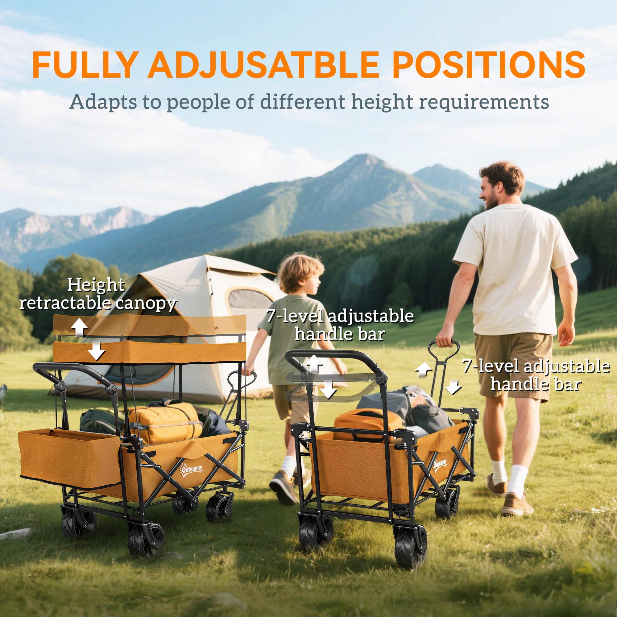 Outsunny 120L Festival Trolley on Wheels, Folding Camping Trolley Cart with Removable Canopy, All-Terrain Wheels, Adjustable Handle, Push or Pull for Garden Beach Fishing Shopping, Orange