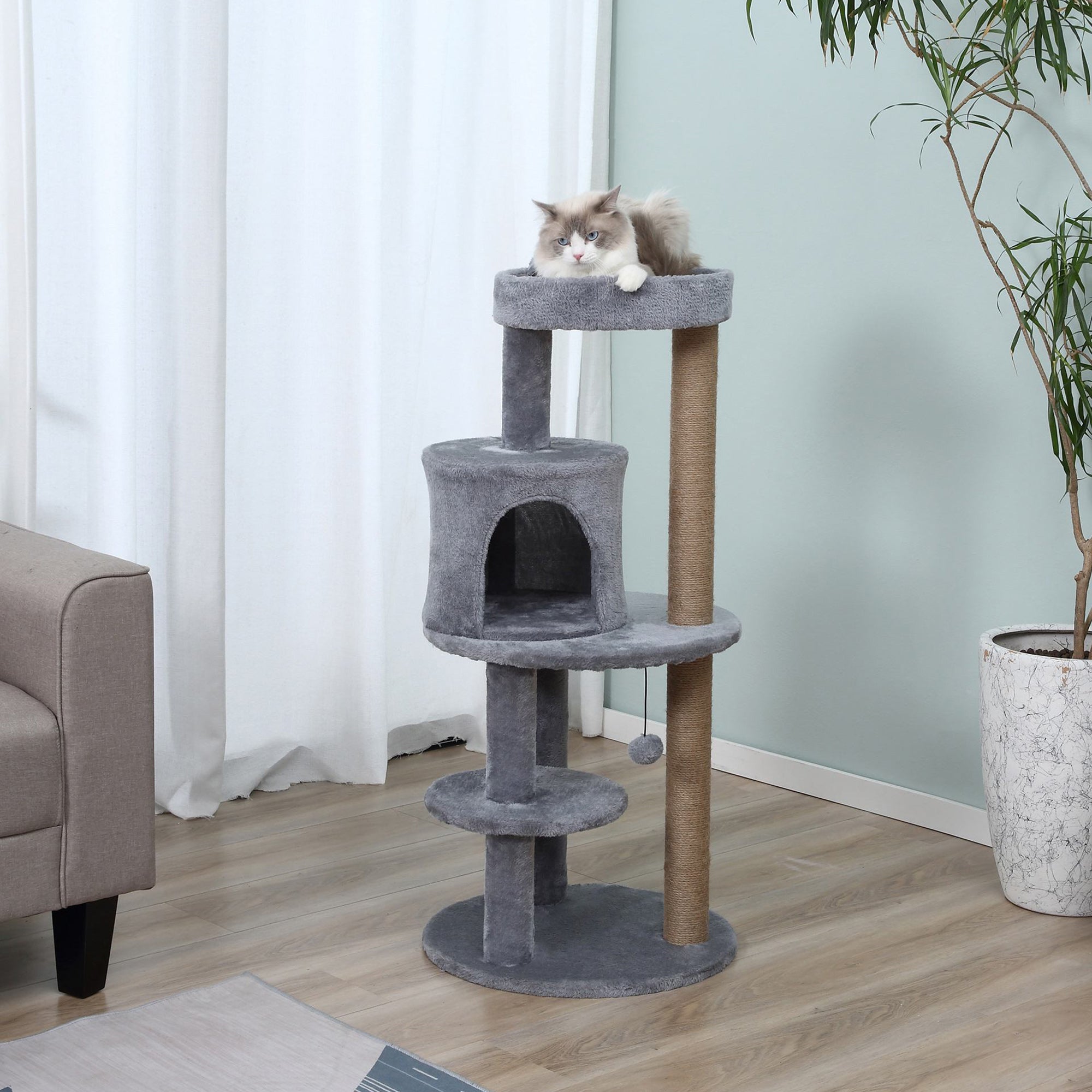 PawHut 104 cm Cat Tree, Cat Condo Tree Tower, Cat Activity Centre with Scratching Posts, Plush Perch, Hanging Ball - Grey