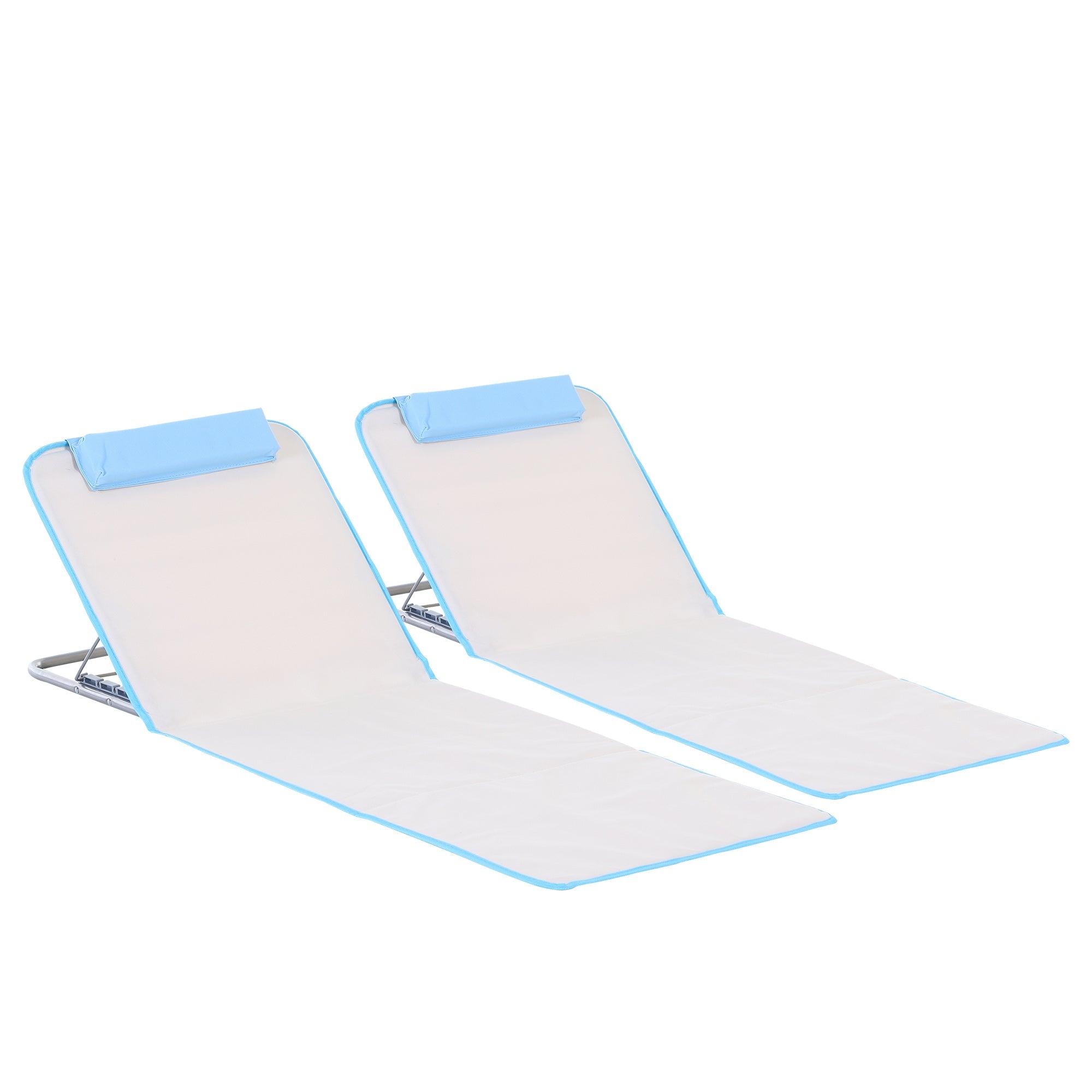 Outsunny Set of 2 Foldable Garden Beach Chair Mat, Lightweight Outdoor Sun Lounger Seats with Adjustable Back, Metal Frame, PE Fabric Head Pillow and Carry Bag, Cream White