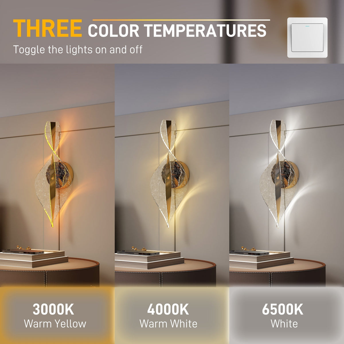 HOMCOM Led Wall Lamp 2 Pack, 13W Modern Indoor Spiral Wall Light, Colour Temperature Adjustable 3000K/4000K/6500K, for Bedroom, Living Room, Hallway, Stairs, Gold Tone