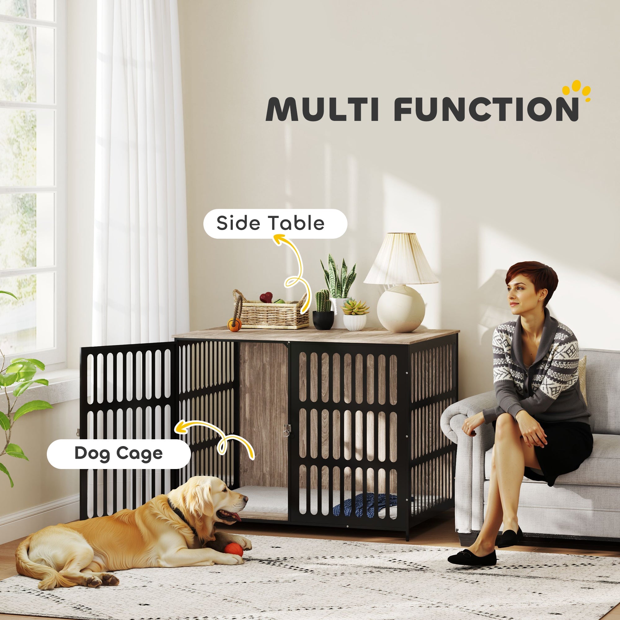 PawHut Dog Crate Furniture with Anti-Chew Resistant Mesh, Anti-Escape Single Door, for Extra Large Dogs, 118 x 80 x 92 cm