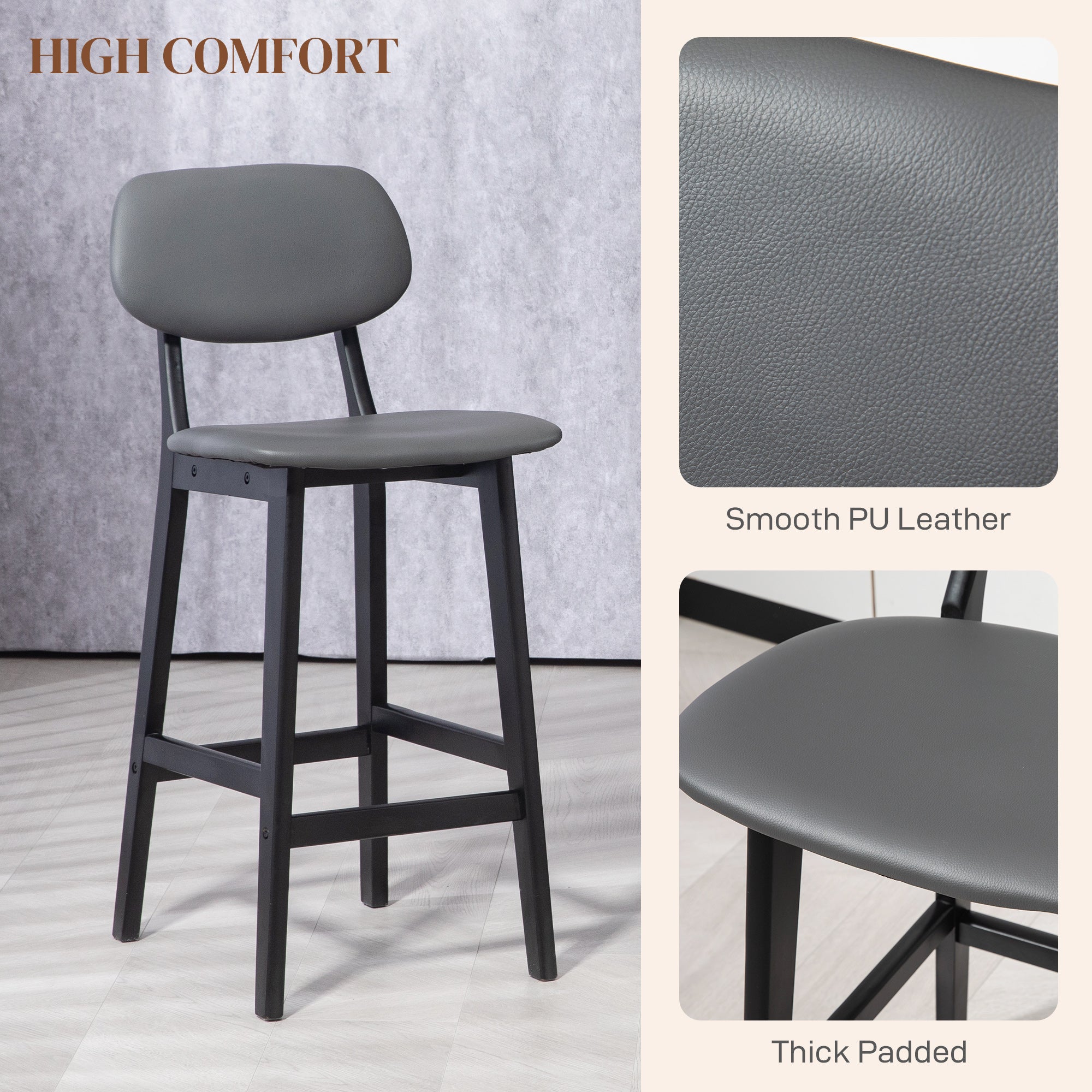 HOMCOM Bar Stools Set of 2, Breakfast Bar Chairs, PU Leather Upholstered Kitchen Stools with Backs, Footrests and Solid Wood Legs, Dark Grey