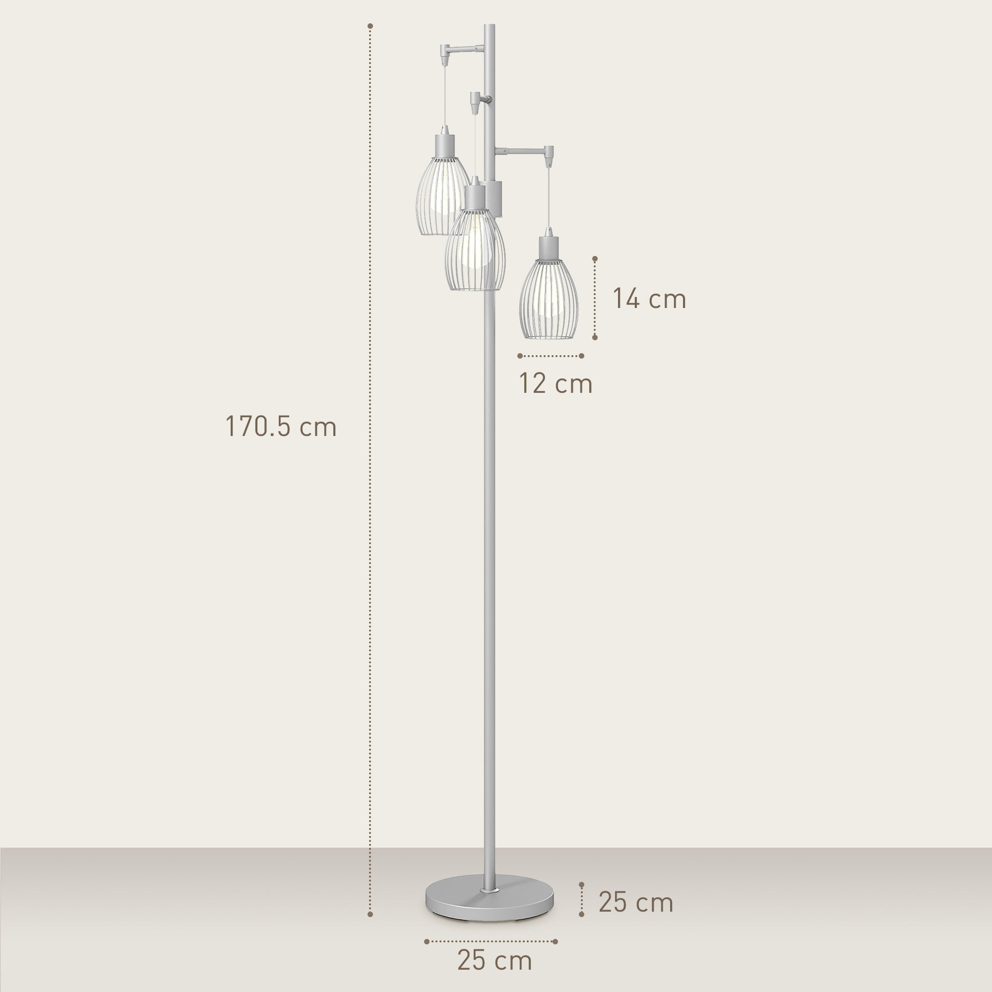 HOMCOM 3-Light Floor Lamp, 170cm Industrial Dimmable Standing Lamp with Steel Wire Cage Lampshades for Living Room, Bedroom, Dining Room, Study, Silver Tone