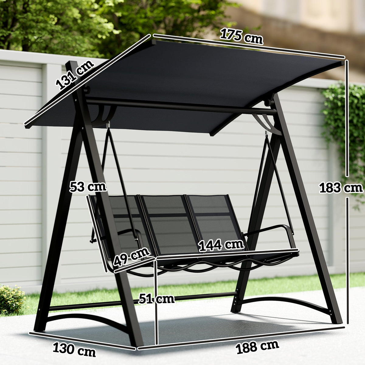 Outsunny 3 Seater Swing Chair, Garden Swing Bench with Adjustable Tilting Canopy, Breathable Mesh Seat 360 kg Capacity, Grey