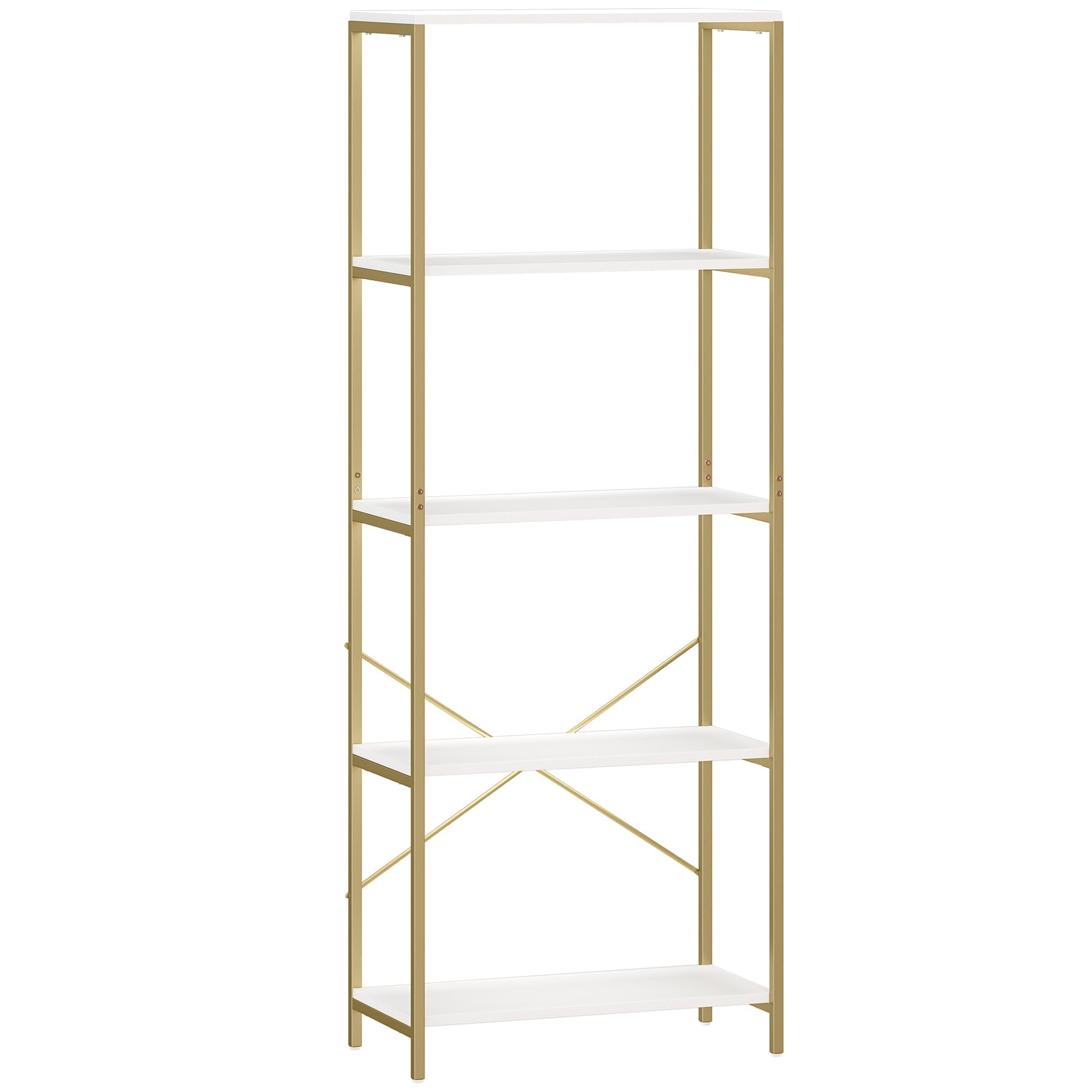 HOMCOM 5-Tier Bookshelf, Modern Bookcase with Metal Frame - White and Gold Tone