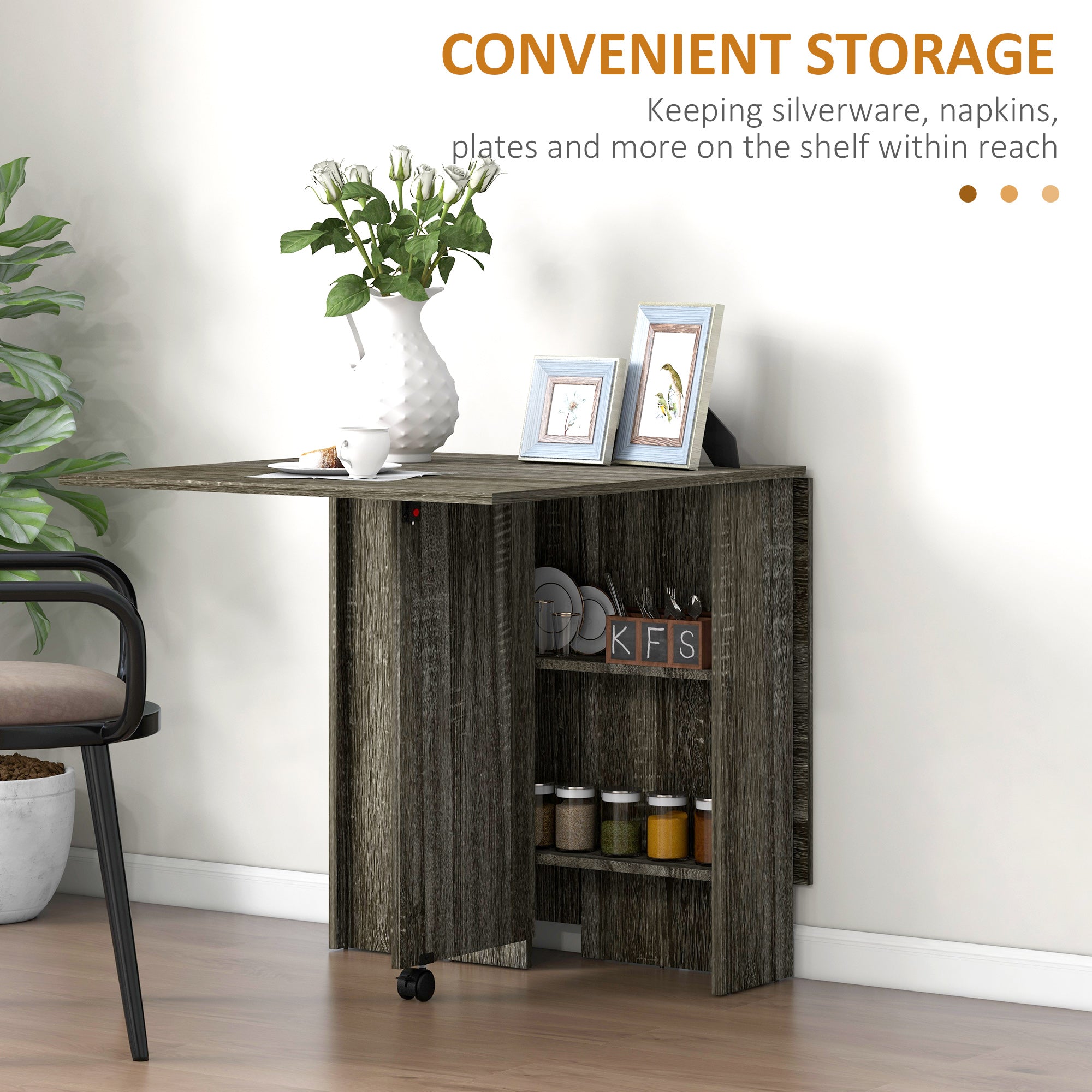 HOMCOM Folding Dining Table, Drop Leaf Table with 2-Tier Shelves, Rolling Casters, for Small Spaces, Kitchen, Grey