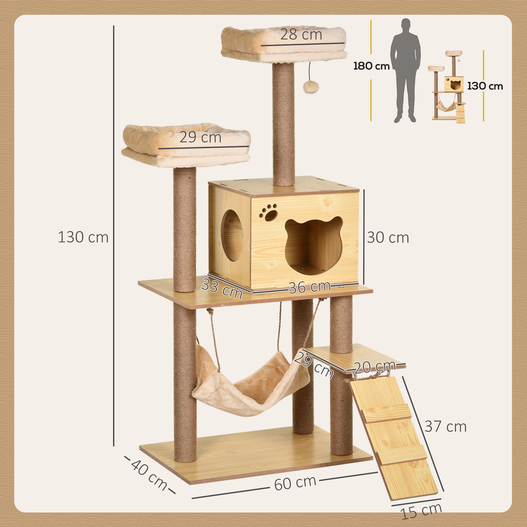 PawHut 130cm Cat Tree for Indoor Cats, Multi-Level Plush Cat Tower, with Five Scratching Posts, Two Perches, Cat House, Hammock